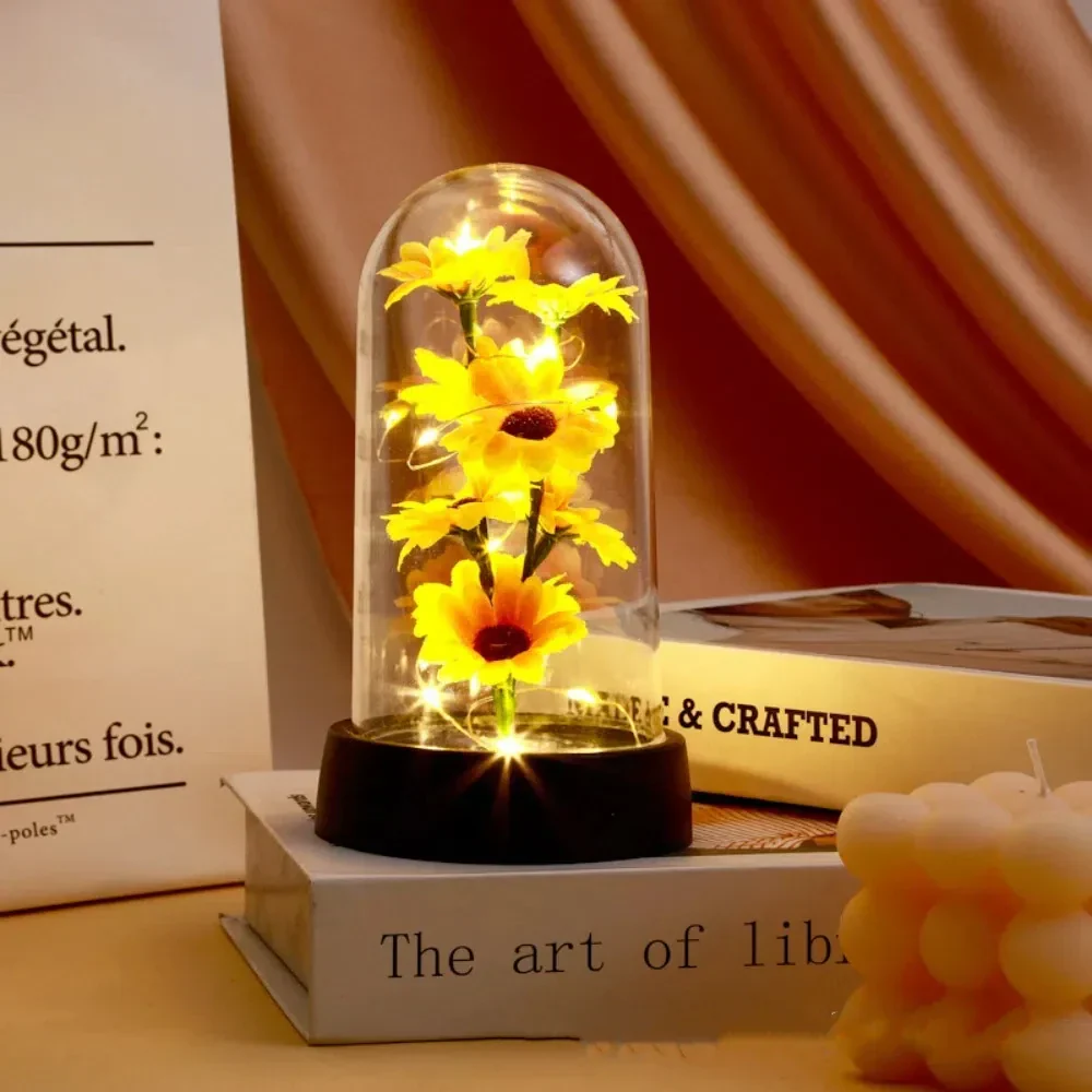Sunflower LED Glass Dome Night Light Artificial Flower Graduation Gift Home Decor - Image 8