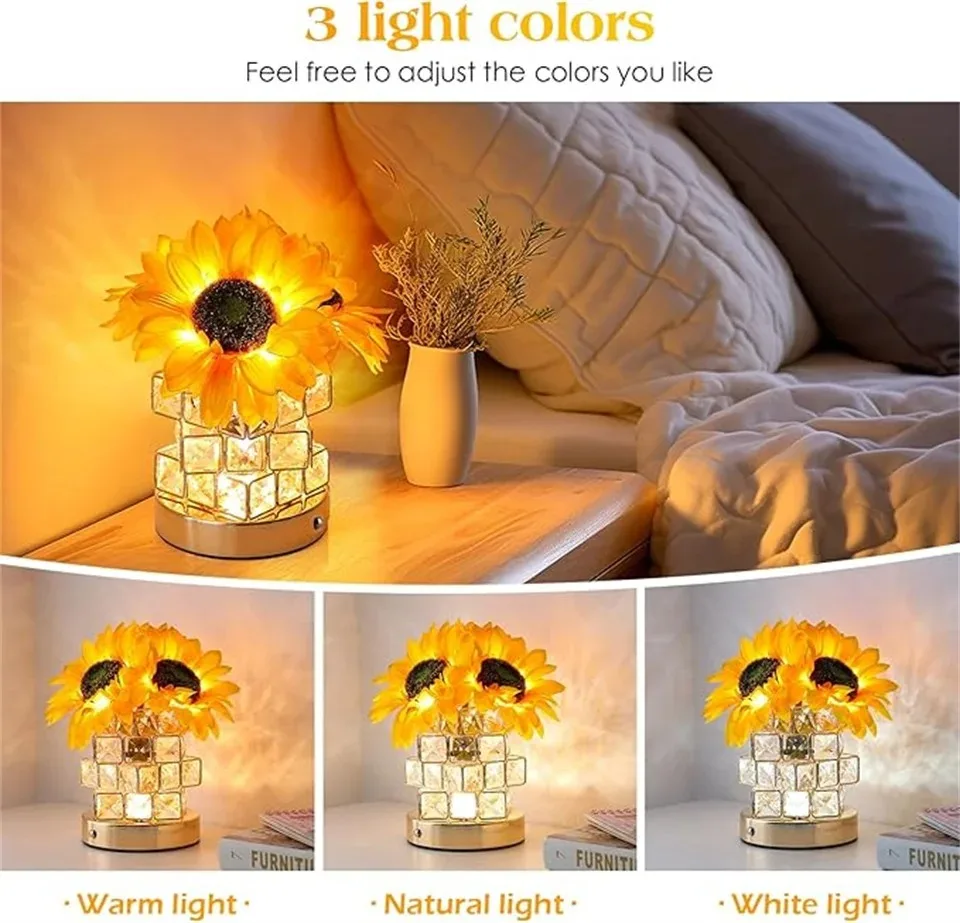 Sunflower Touch LED Table Lamp Rechargeable Night Light 3-Color Dimmable Decor - Image 3