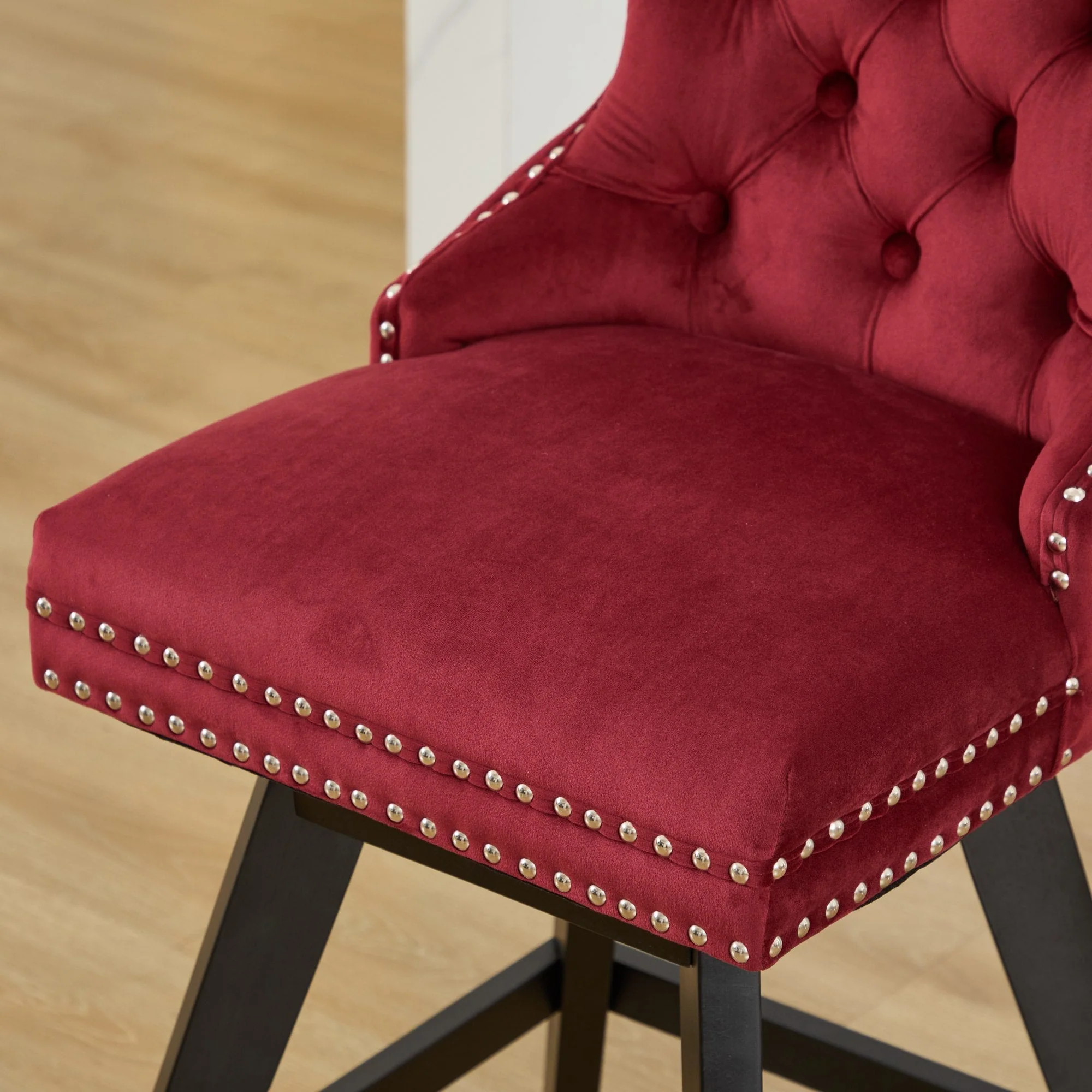 Swivel Velvet Barstools with Button Tufted Decoration - Set of 2 (Wine Red) - Image 12