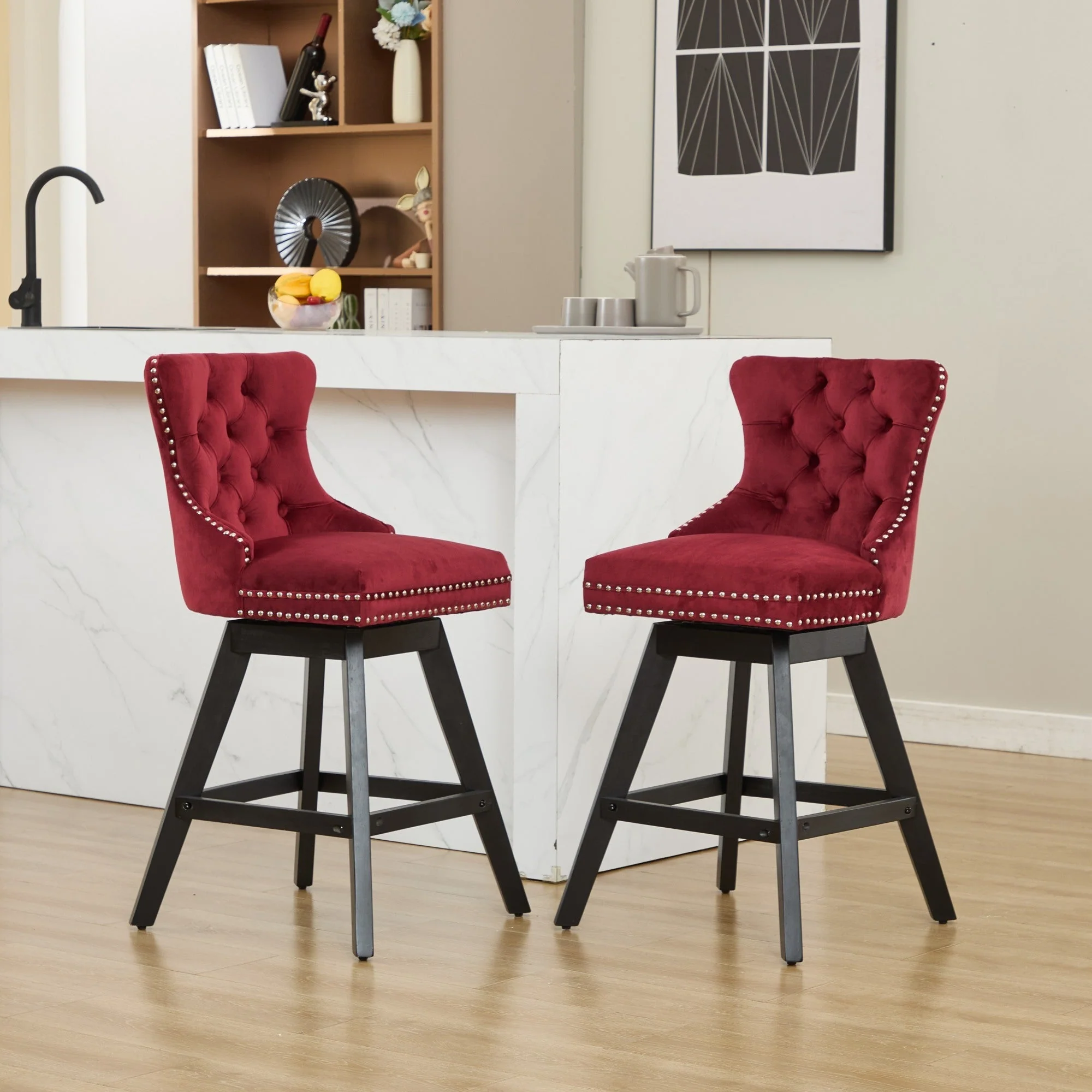 Swivel Velvet Barstools with Button Tufted Decoration - Set of 2 (Wine Red) - Image 16