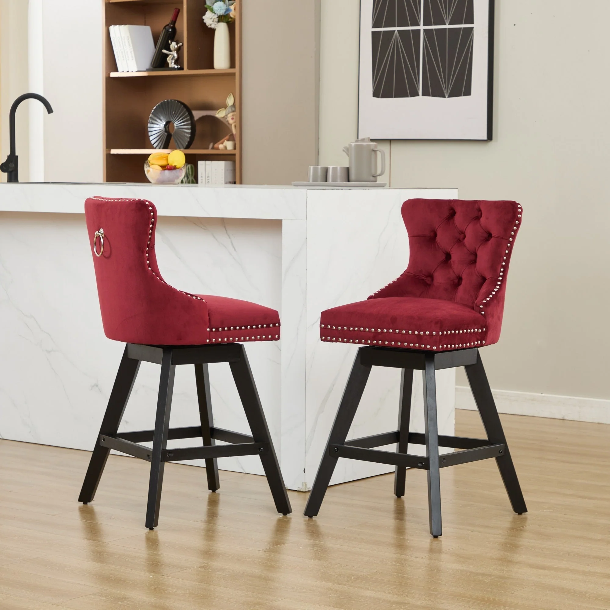 Swivel Velvet Barstools with Button Tufted Decoration - Set of 2 (Wine Red) - Image 17