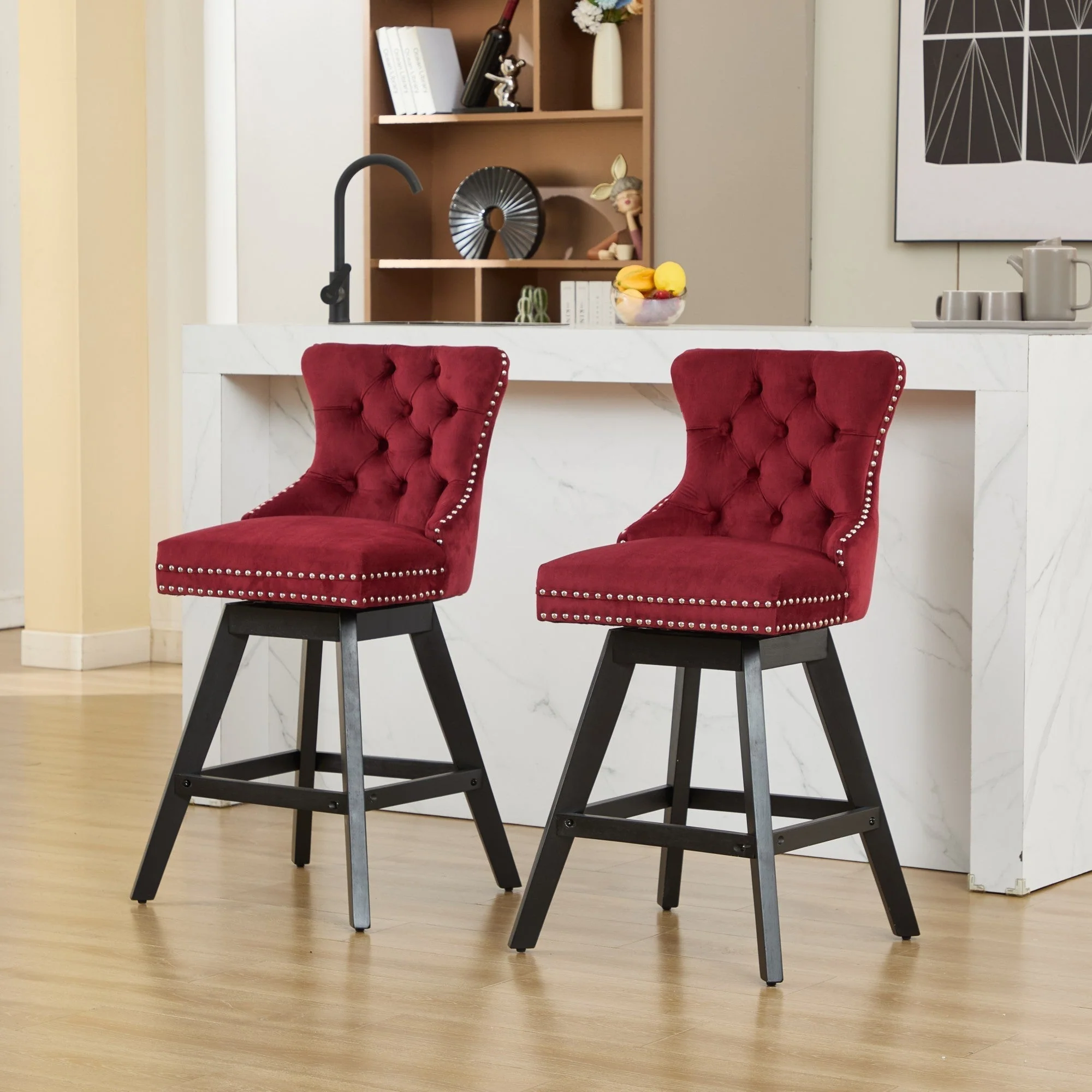 Swivel Velvet Barstools with Button Tufted Decoration - Set of 2 (Wine Red) - Image 18