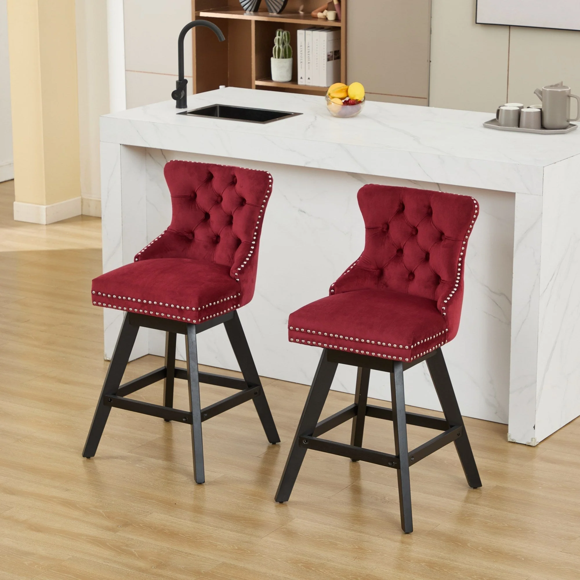 Swivel Velvet Barstools with Button Tufted Decoration - Set of 2 (Wine Red) - Image 19