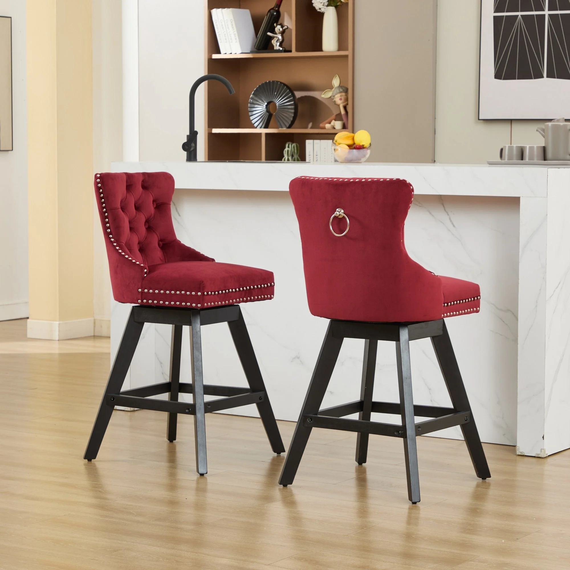 Swivel Velvet Barstools with Button Tufted Decoration - Set of 2 (Wine Red) - Image 20