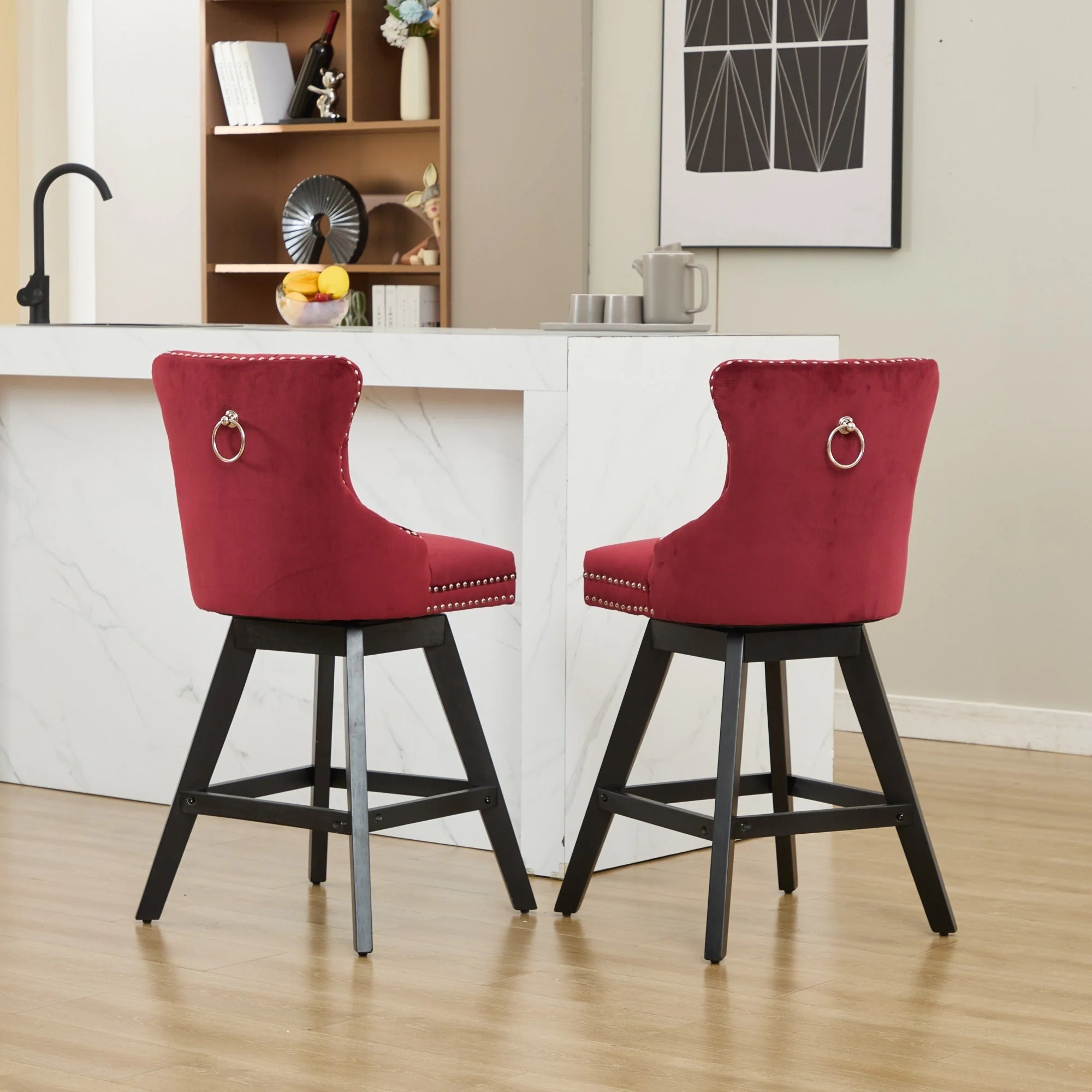 Swivel Velvet Barstools with Button Tufted Decoration - Set of 2 (Wine Red) - Image 21