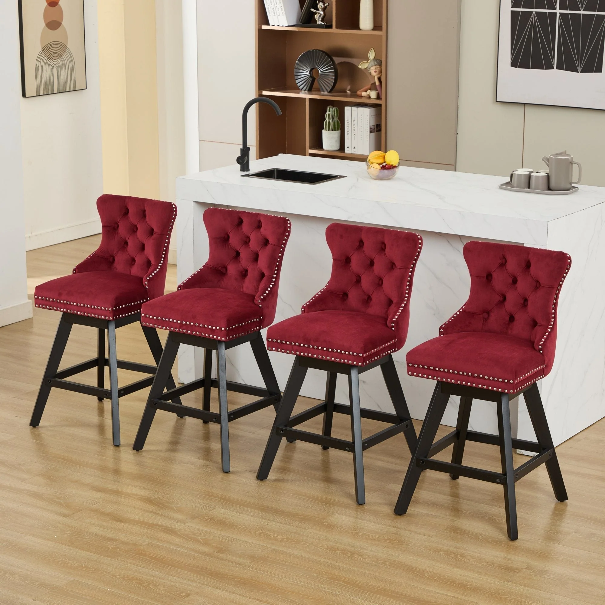 Swivel Velvet Barstools with Button Tufted Decoration - Set of 2 (Wine Red) - Image 22