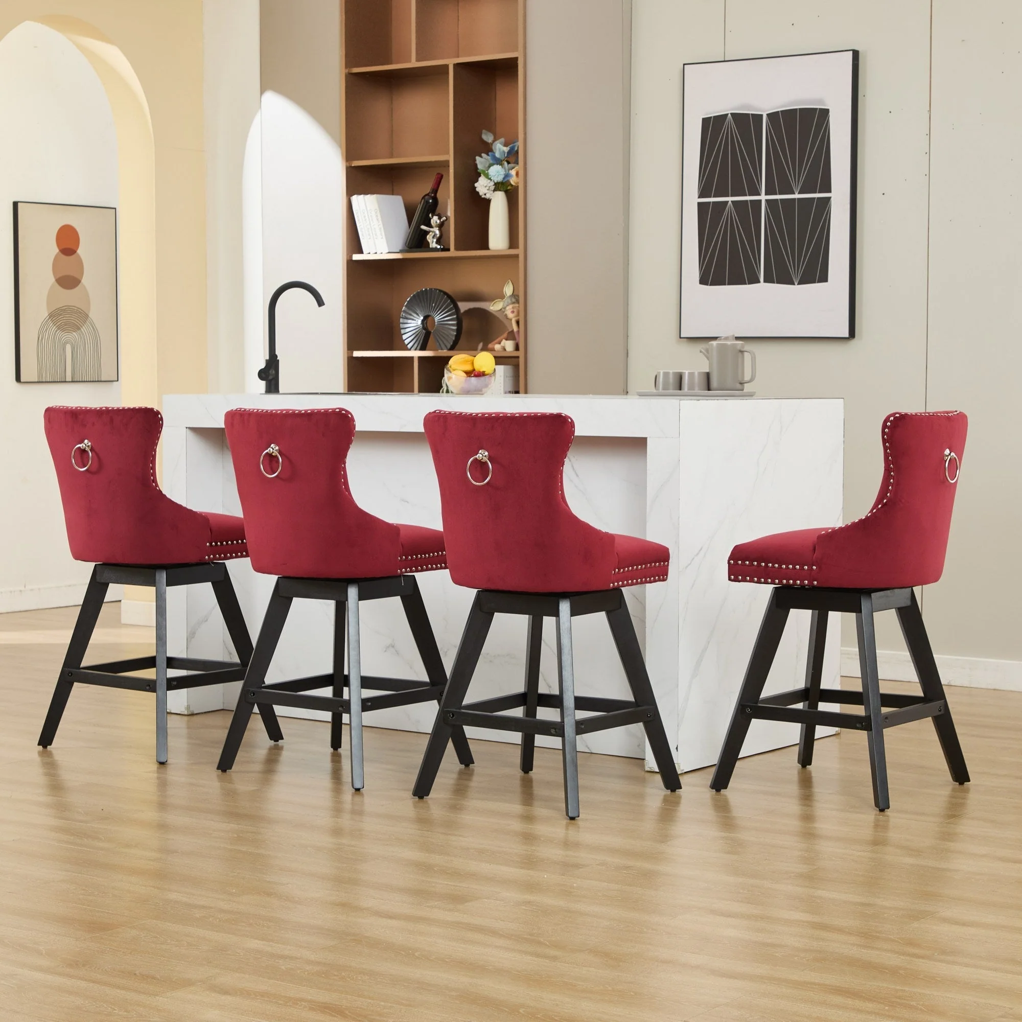 Swivel Velvet Barstools with Button Tufted Decoration - Set of 2 (Wine Red) - Image 23