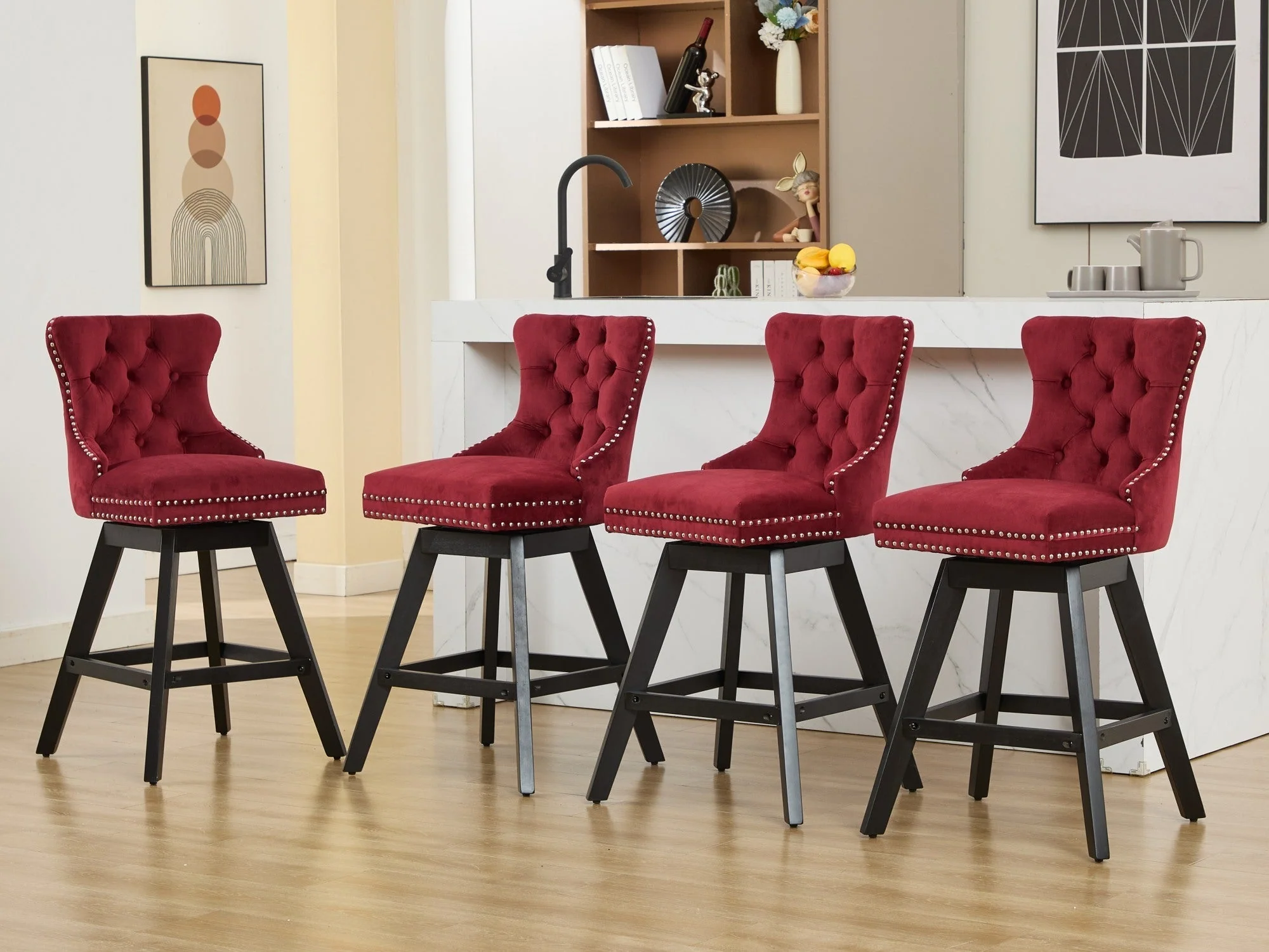Swivel Velvet Barstools with Button Tufted Decoration - Set of 2 (Wine Red) - Image 24