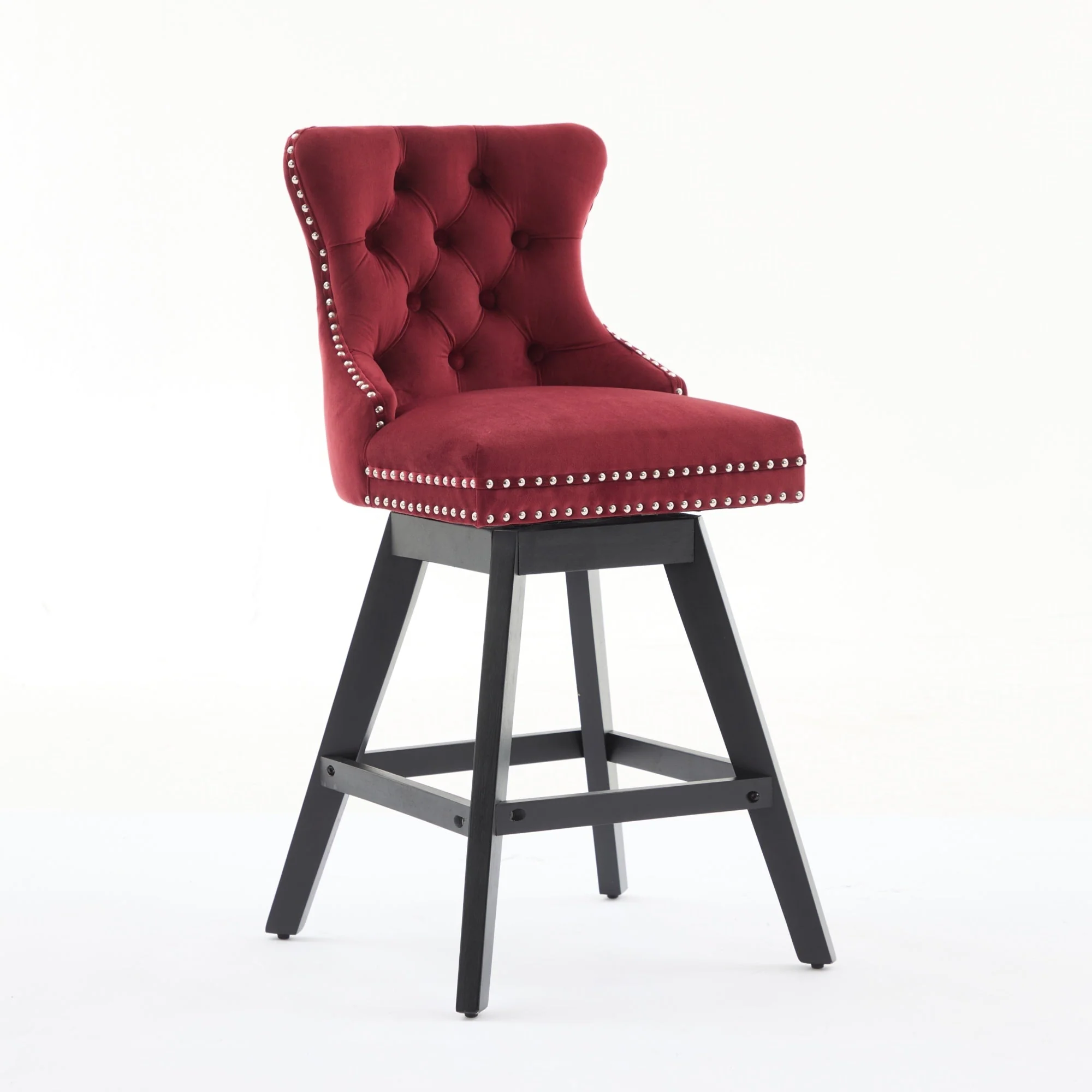 Swivel Velvet Barstools with Button Tufted Decoration - Set of 2 (Wine Red) - Image 3