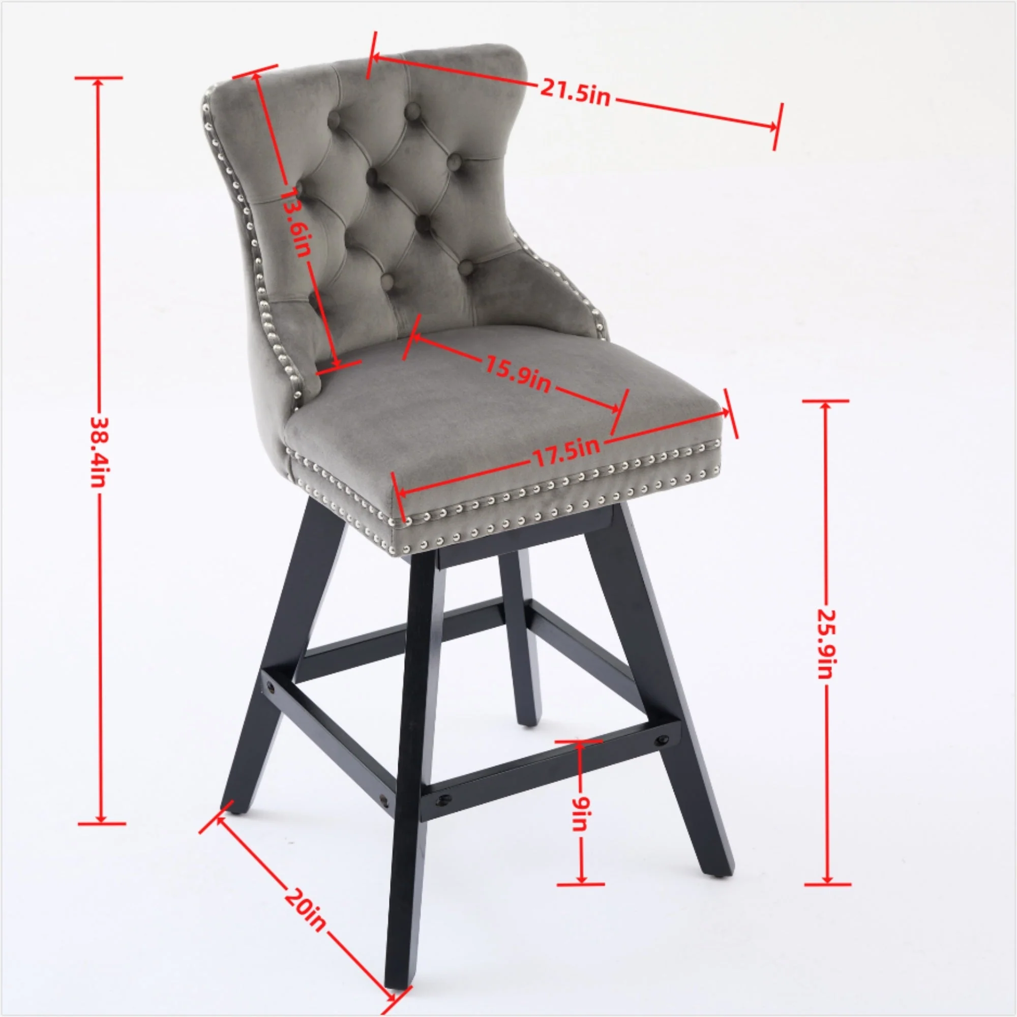 Swivel Velvet Barstools with Button Tufted Decoration - Set of 2 (Wine Red) - Image 9