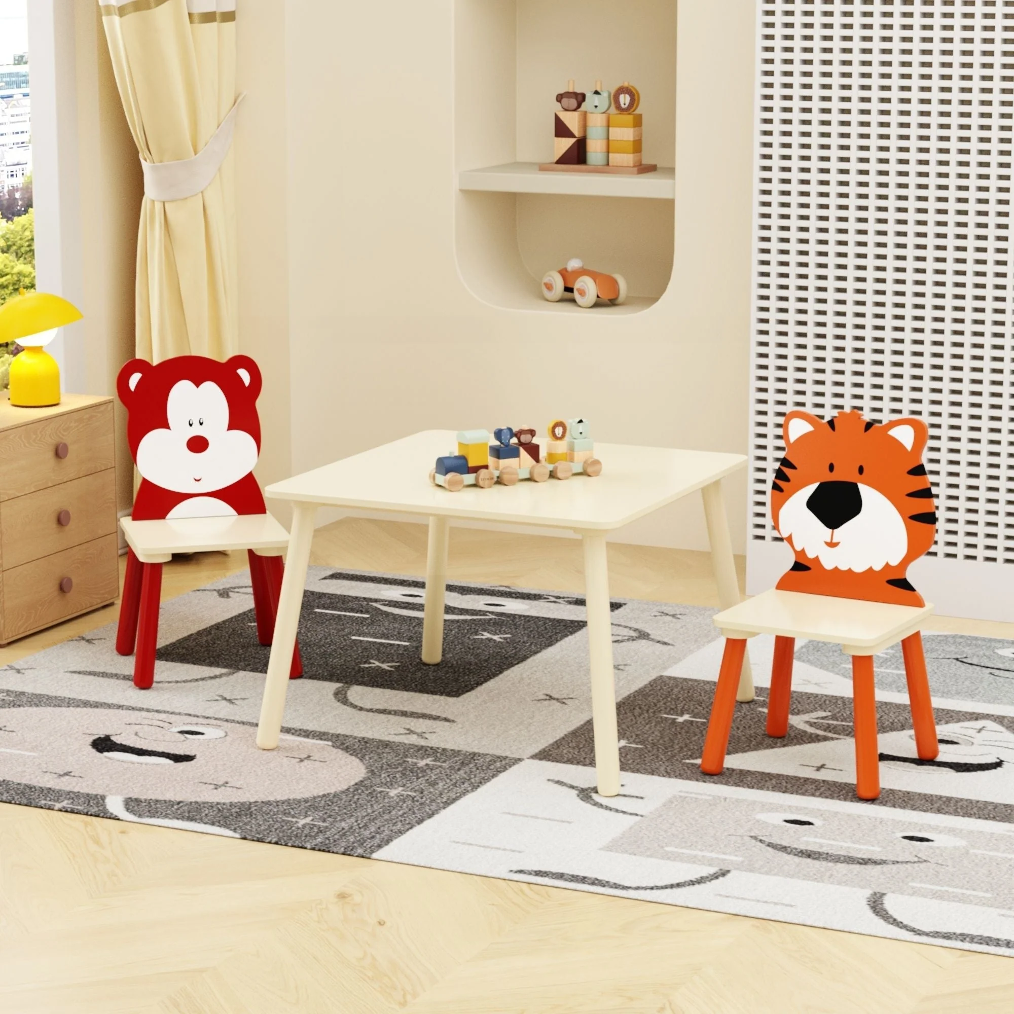 Table And 2 Chairs Set, Activity Play Table Set With Bear & Tiger Design - Natural - Image 2