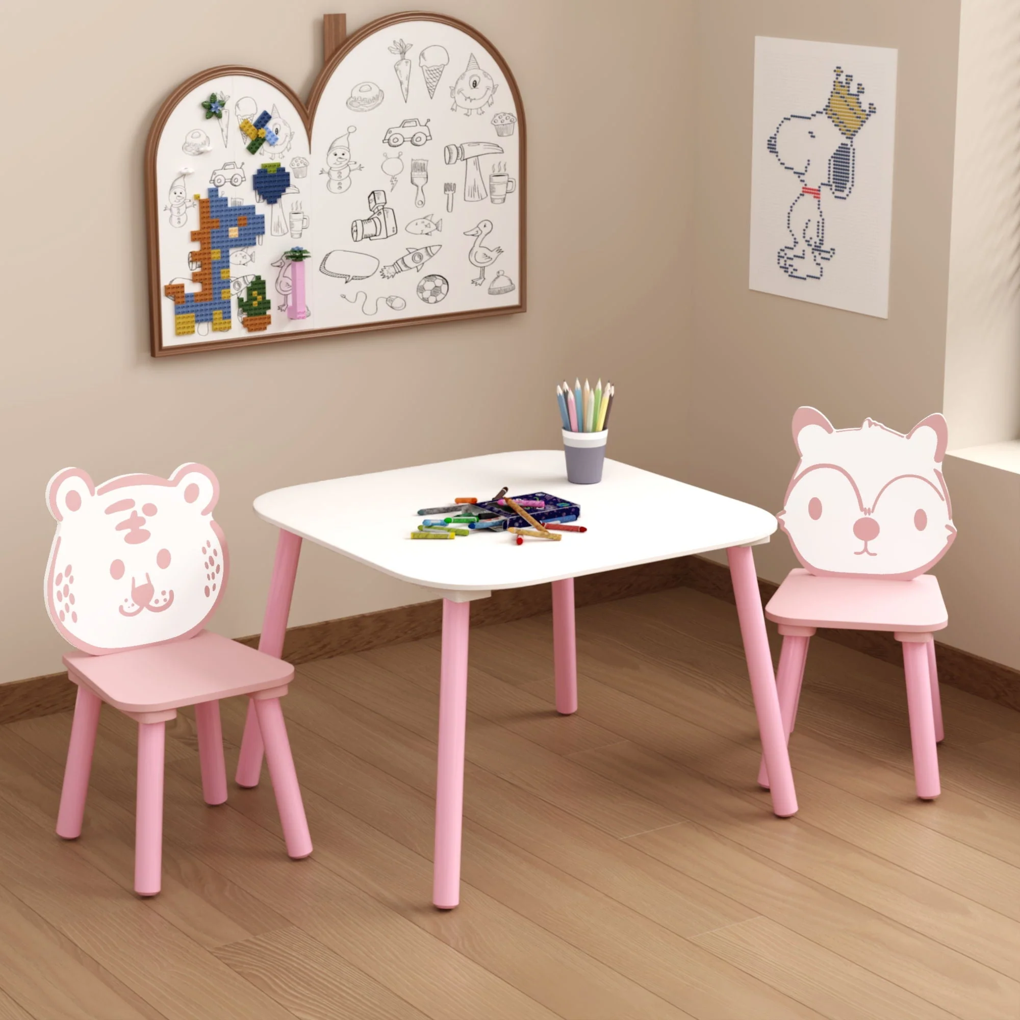Table And Chair Set, 3 Piece Wooden Toddler Desk With Animal Backrest - Pink / White - Image 2