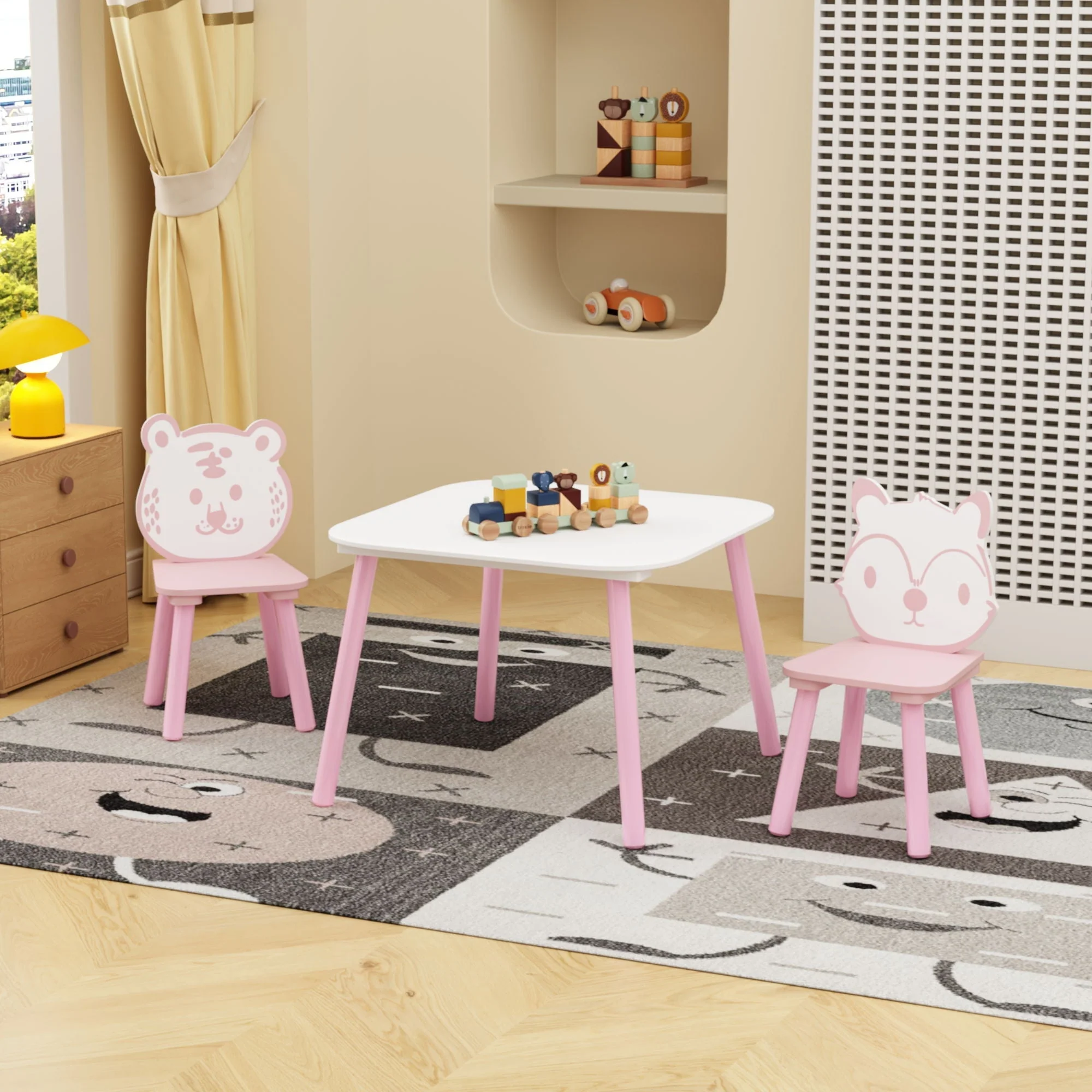 Table And Chair Set, 3 Piece Wooden Toddler Desk With Animal Backrest - Pink / White - Image 3