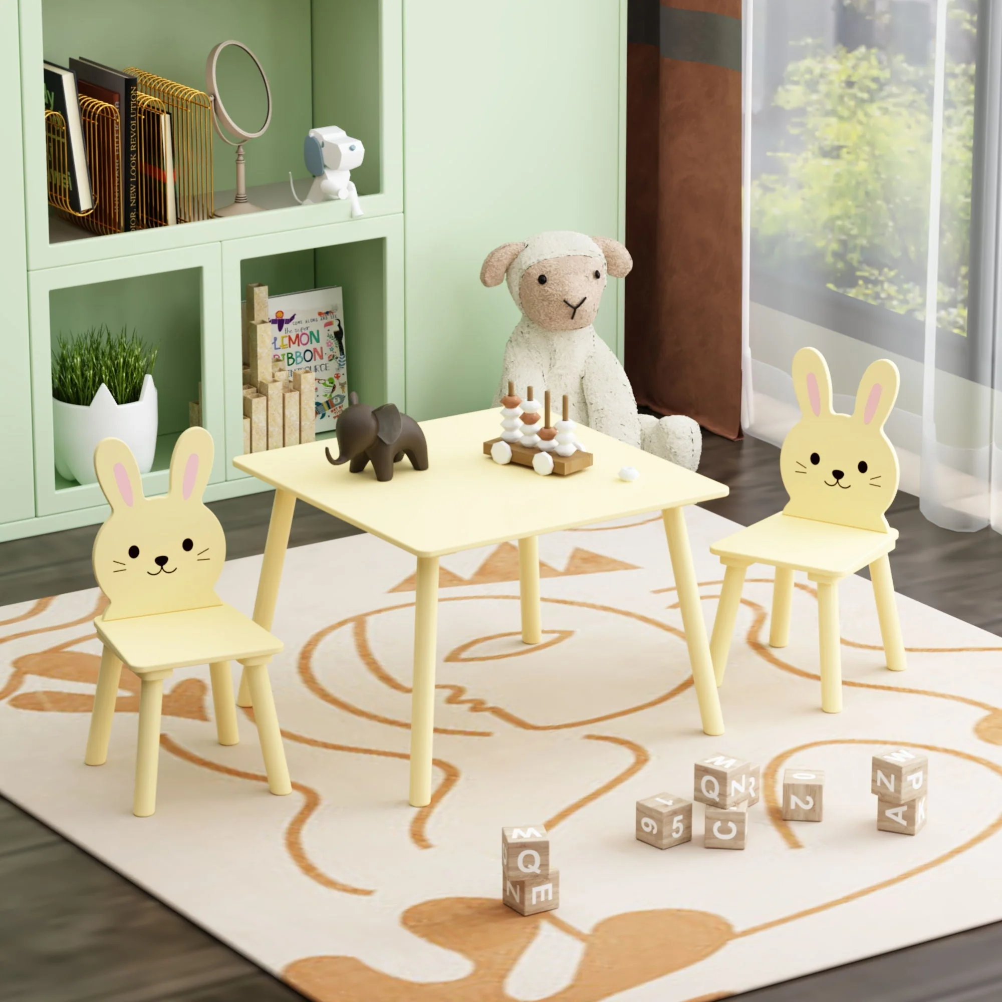 Table And Chair Set With 2 Bunny Chairs, Children's Activity Table For Toddlers, Cute Animal Design - Yellow - Image 2