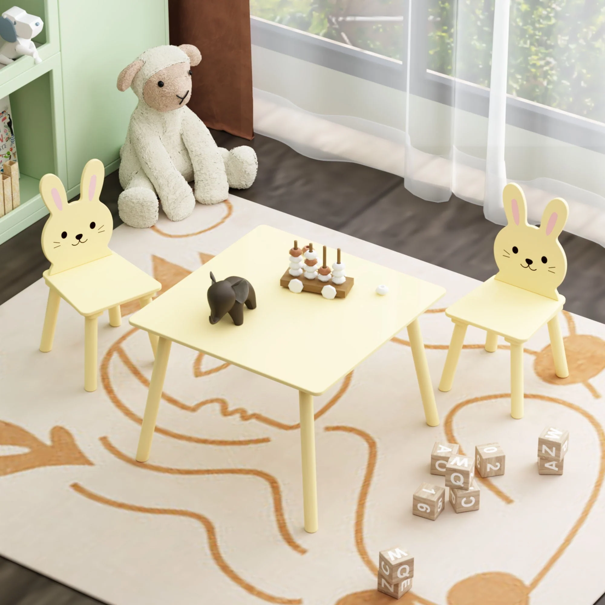 Table And Chair Set With 2 Bunny Chairs, Children's Activity Table For Toddlers, Cute Animal Design - Yellow - Image 3