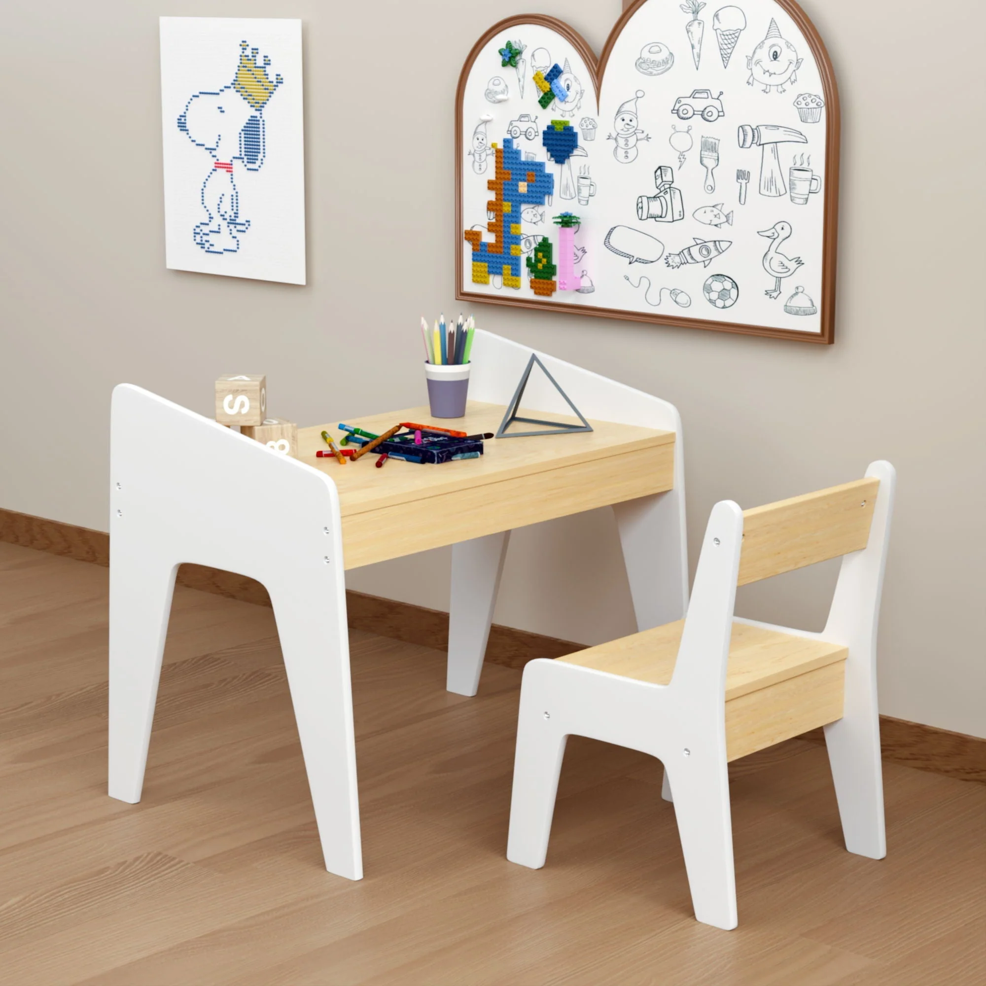 Table Set With 1 Chair, Children Study Table For Ages 2 - 8 - White - Image 4