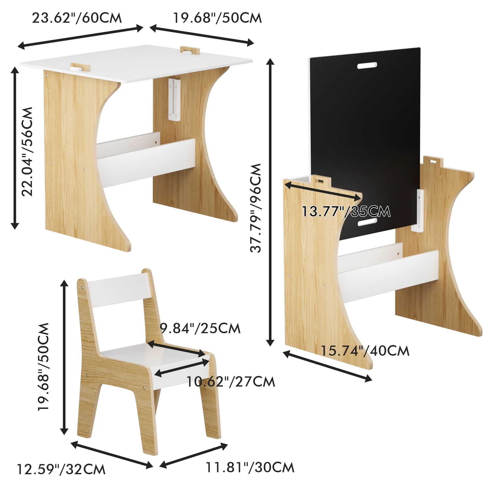 Table Set With 1 Chair, Multifunctional Study Table Convertible Top For Study Drawing & Play - White - Image 2