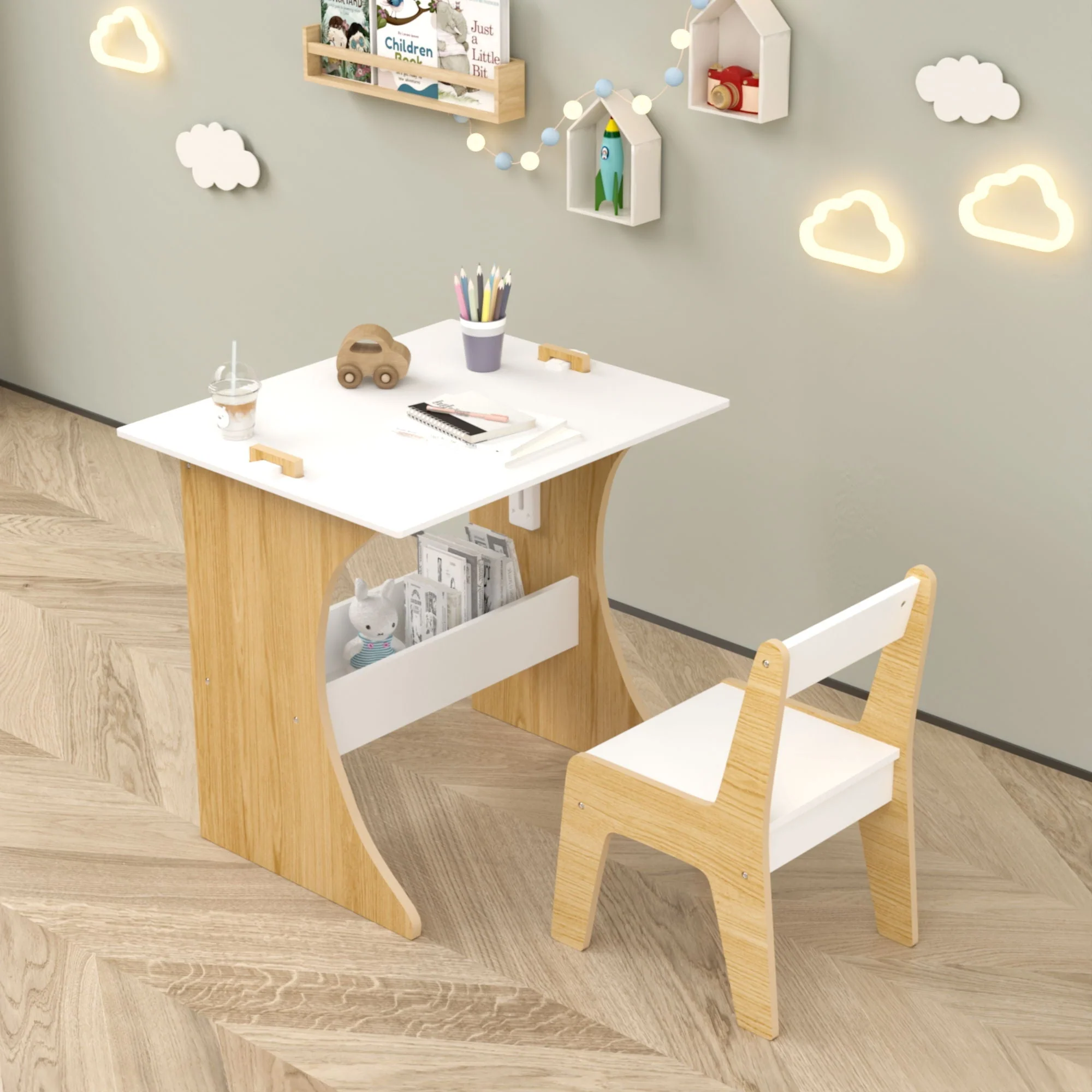 Table Set With 1 Chair, Multifunctional Study Table Convertible Top For Study Drawing & Play - White - Image 3