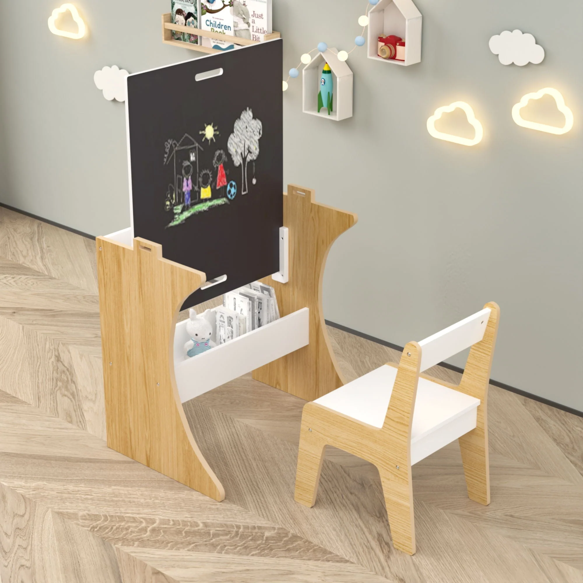 Table Set With 1 Chair, Multifunctional Study Table Convertible Top For Study Drawing & Play - White - Image 4