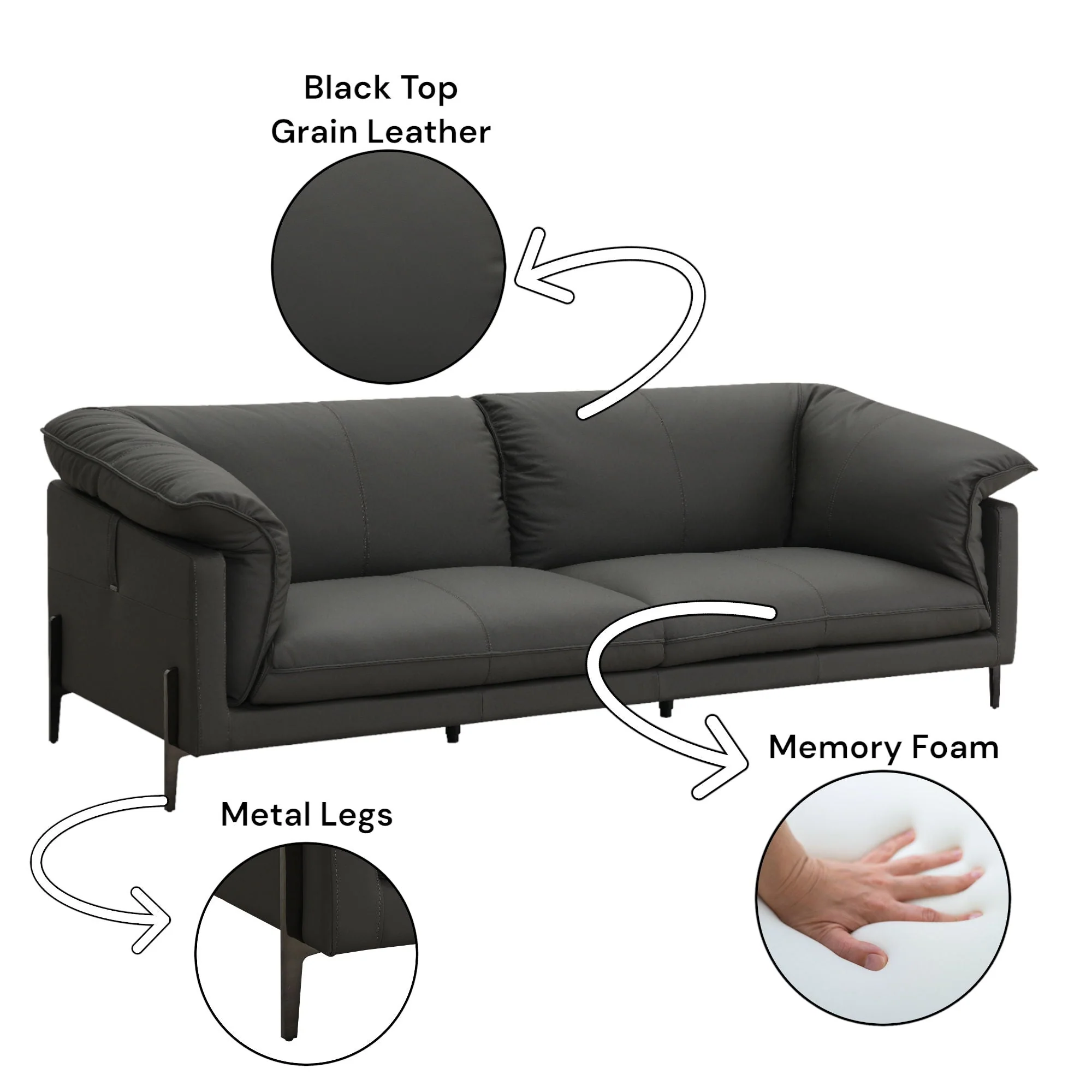 Tadi - Top Grain Leather Sofa - Black - Image 4