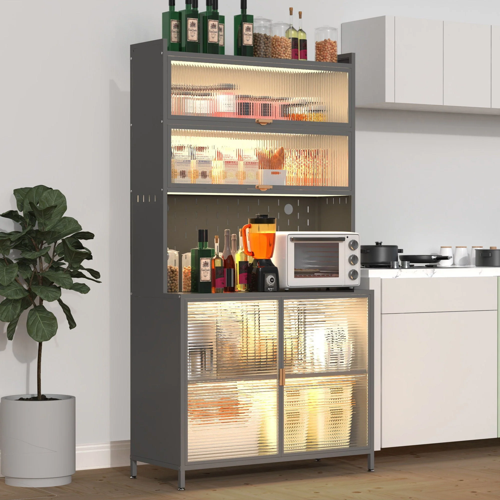 Tall Kitchen Pantry Cabinet With Flip Doors And Pegboard, Anti Tip Steel Storage Hutch - Image 6