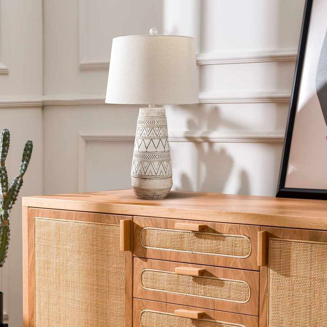 Tan and Cream Resin Lamp with White Linen Table Lamp - Image 3