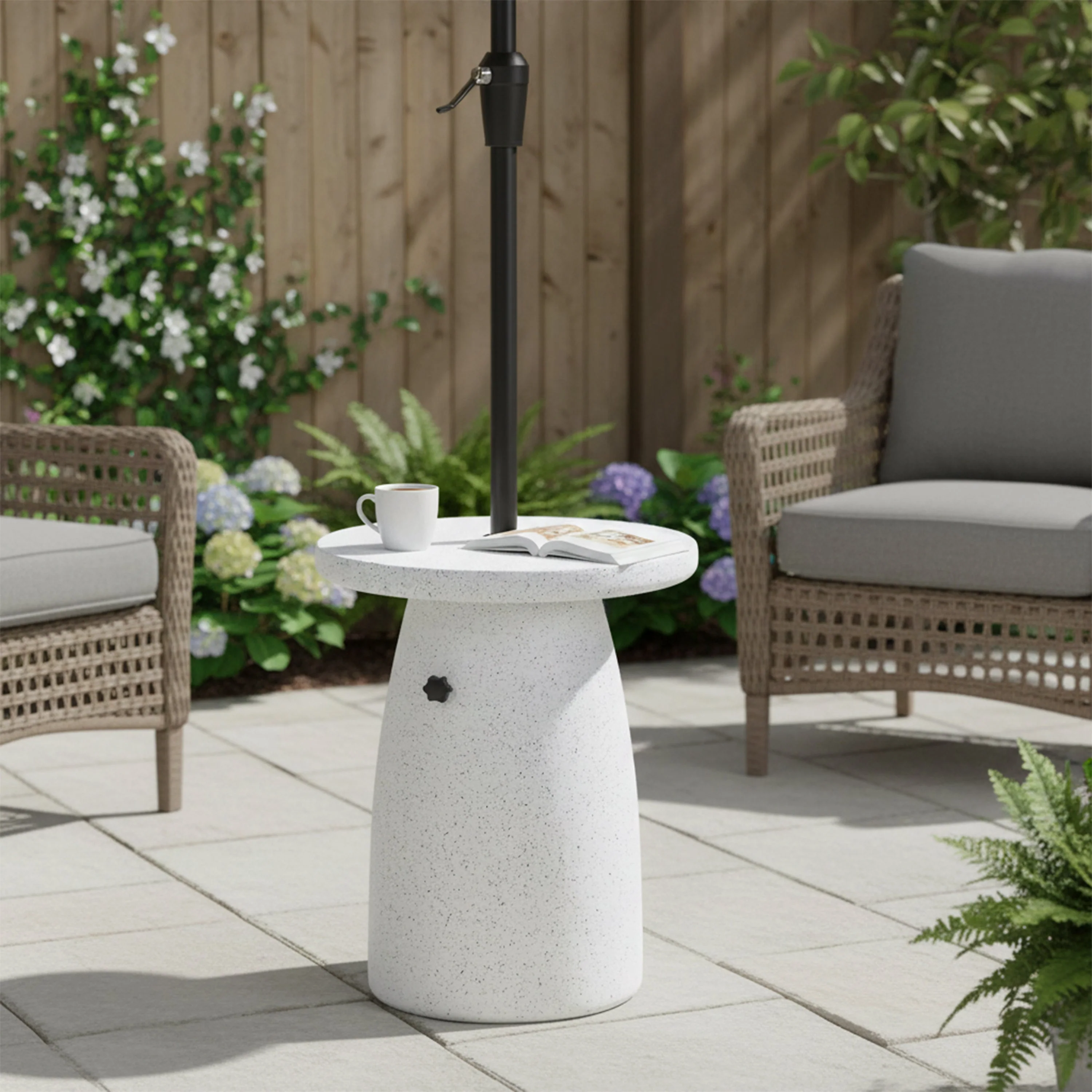 Tess MGO Outdoor Patio Side Table Umbrella Base in White Marble - Image 2