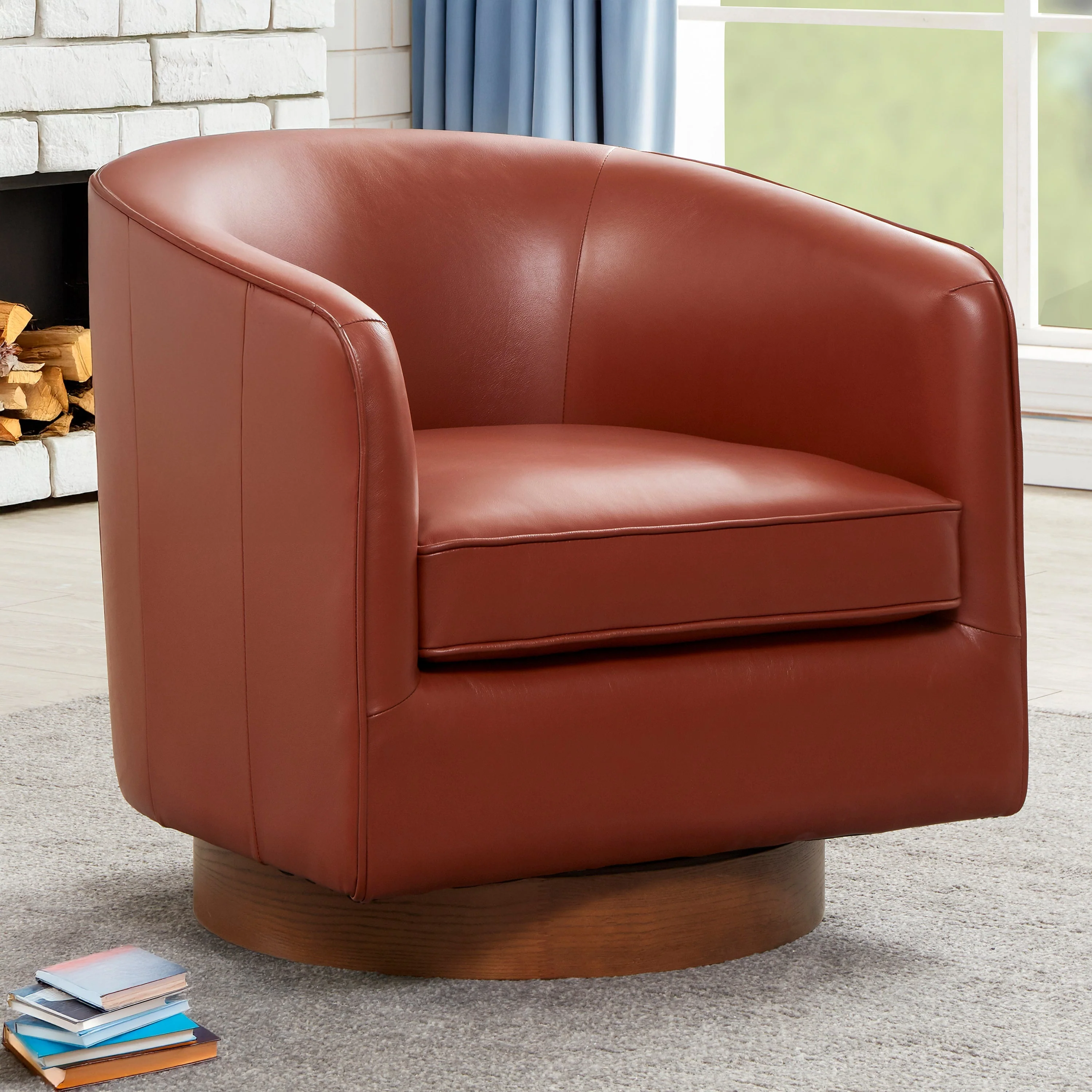 Tessa Caramel Top Grain Leather Swivel Chair with Wood Base - Image 2