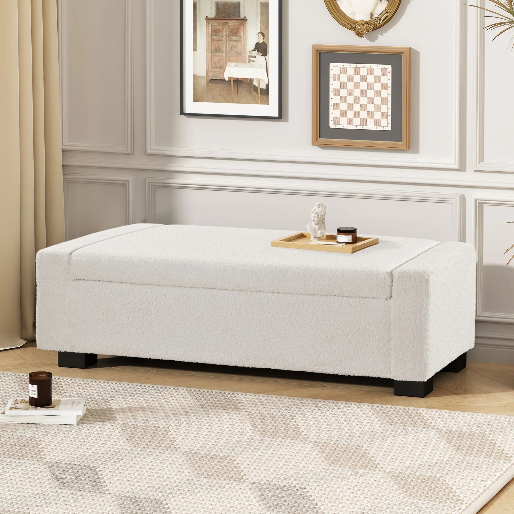 Textured Boucle Ottoman Bench With Hinged Lid For Seating And Storage - Beige - Image 4
