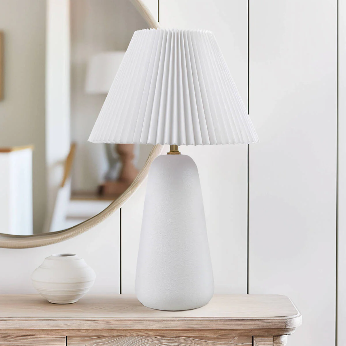 Textured Ceramic Table Lamp with Fluted Fabric Shade - White - Image 3