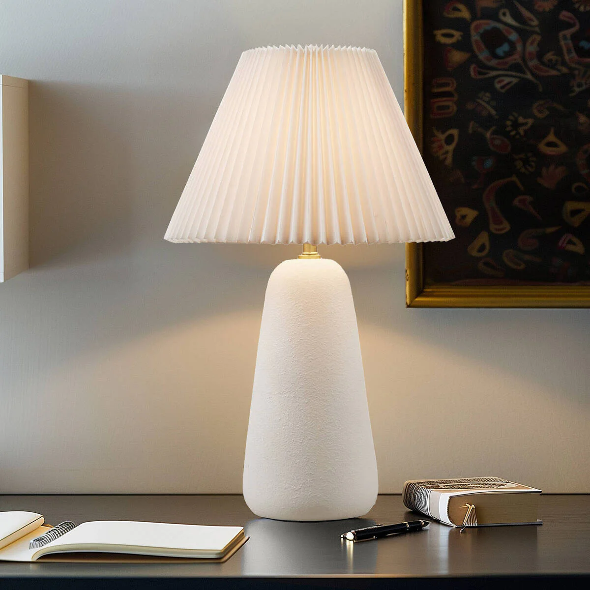 Textured Ceramic Table Lamp with Fluted Fabric Shade - White - Image 4