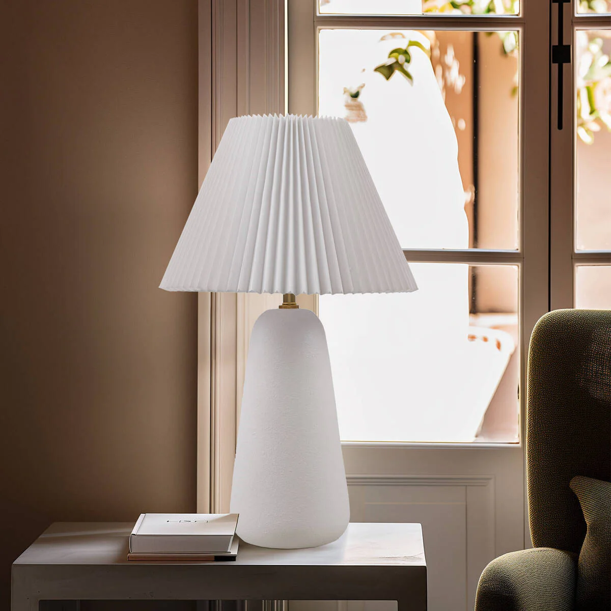 Textured Ceramic Table Lamp with Fluted Fabric Shade - White - Image 5