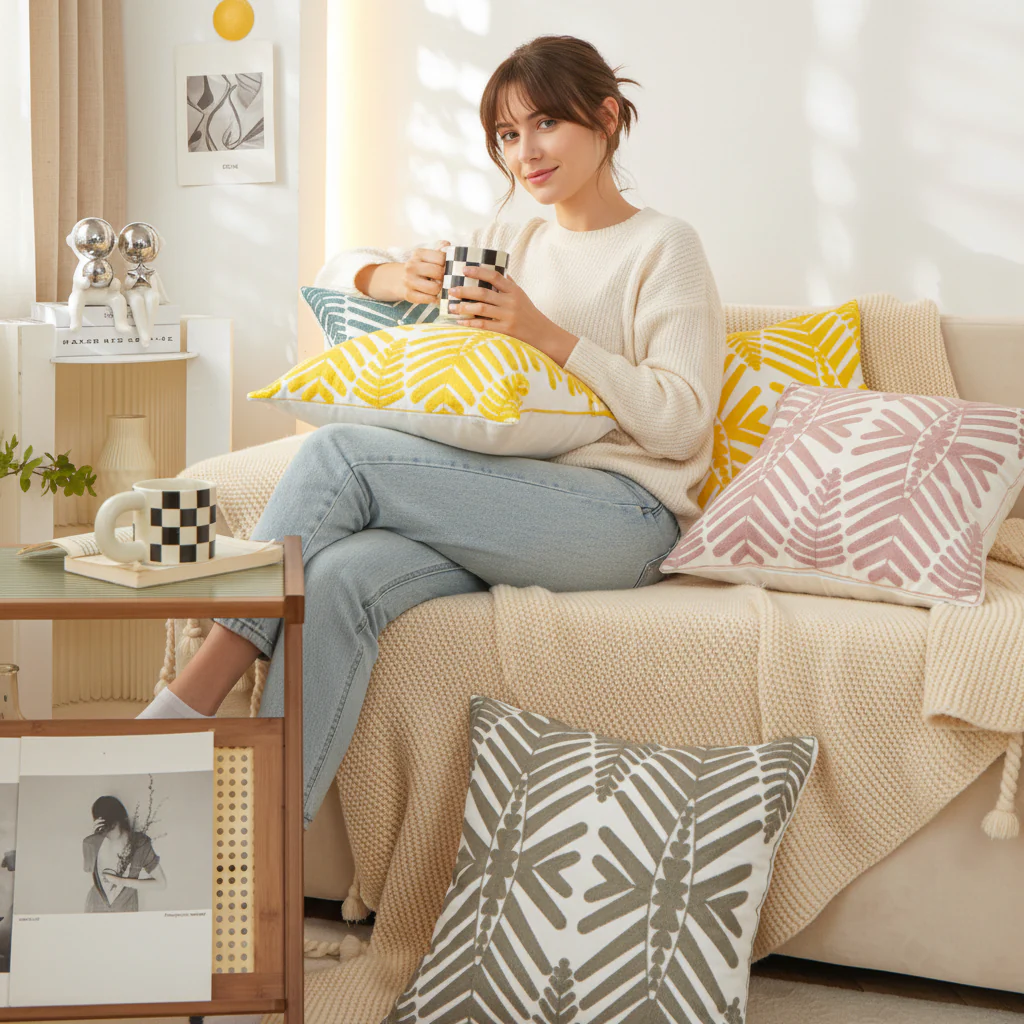 Textured Cotton Blend Square Throw Pillows (With 450g Insert) size 18"x18" set of 2 - Image 4