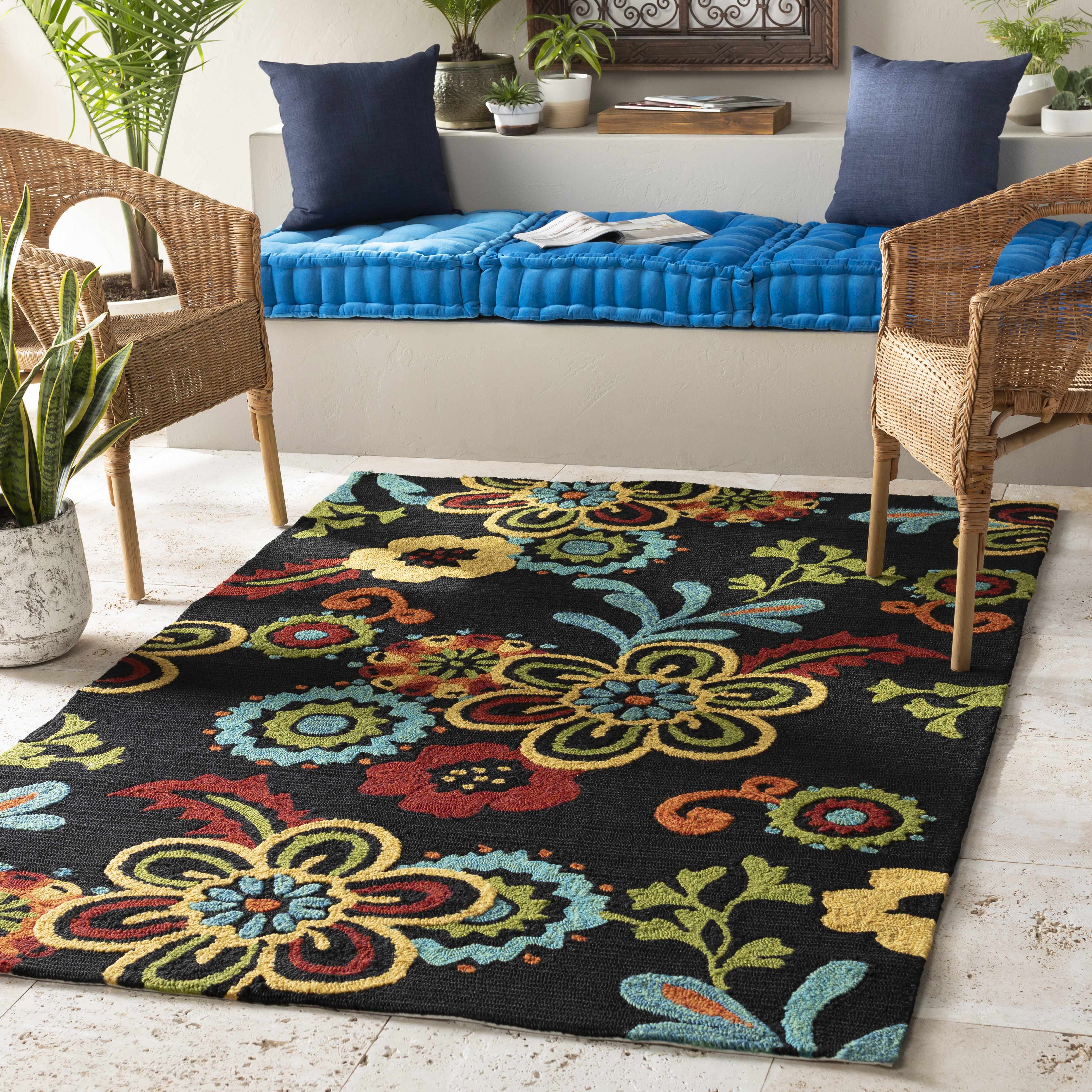 Thaxton Colorful Flowers on Black Area Rug - Clearance - Image 2