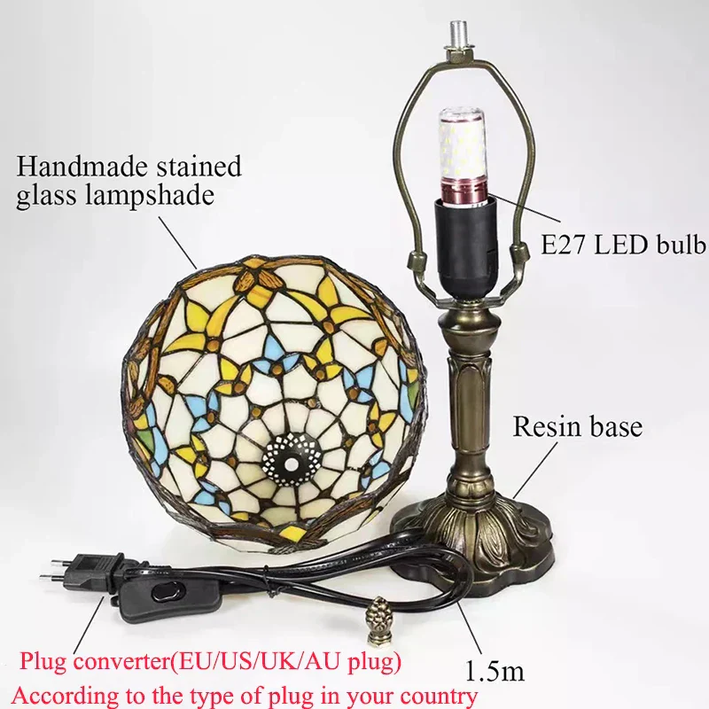 Tiffany Style Table Lamp Stained Glass E27 Bedside Light Retro Home Decor - Image 6