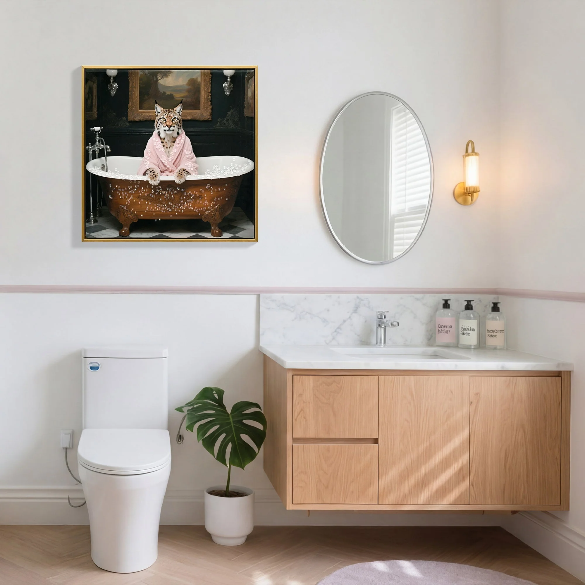 Tiger in Bathtub Wall Art Print Poster, Bathroom Decor Posters Prints for Restroom Home Picture Painting Artwork Gallery 1 (Tiger, 16 x 16 inches, Wood Frame) - Image 2