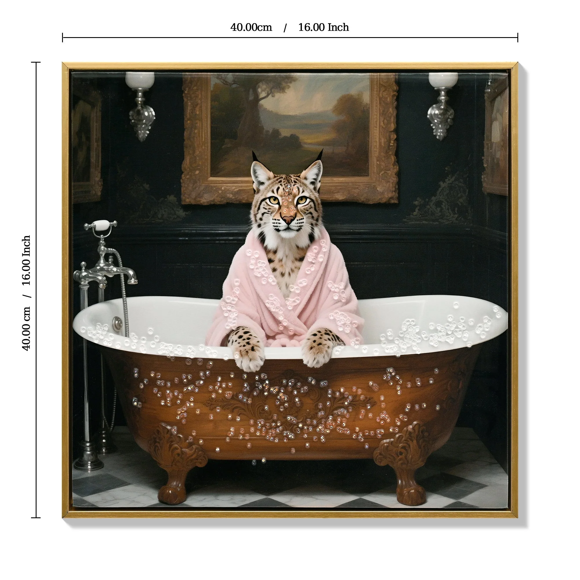 Tiger in Bathtub Wall Art Print Poster, Bathroom Decor Posters Prints for Restroom Home Picture Painting Artwork Gallery 1 (Tiger, 16 x 16 inches, Wood Frame) - Image 3