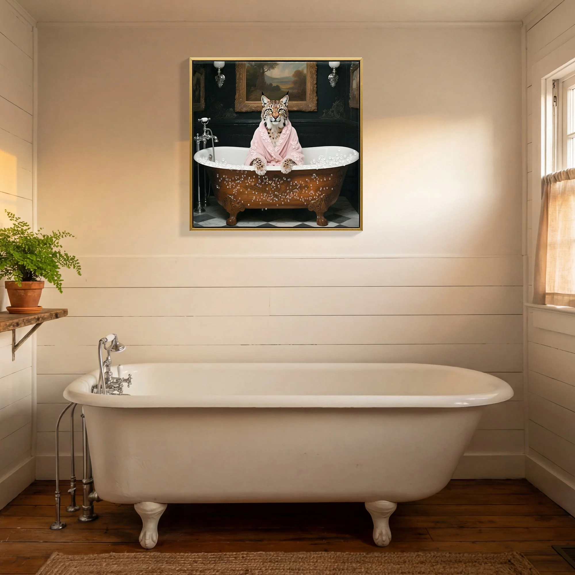 Tiger in Bathtub Wall Art Print Poster, Bathroom Decor Posters Prints for Restroom Home Picture Painting Artwork Gallery 1 (Tiger, 16 x 16 inches, Wood Frame) - Image 4