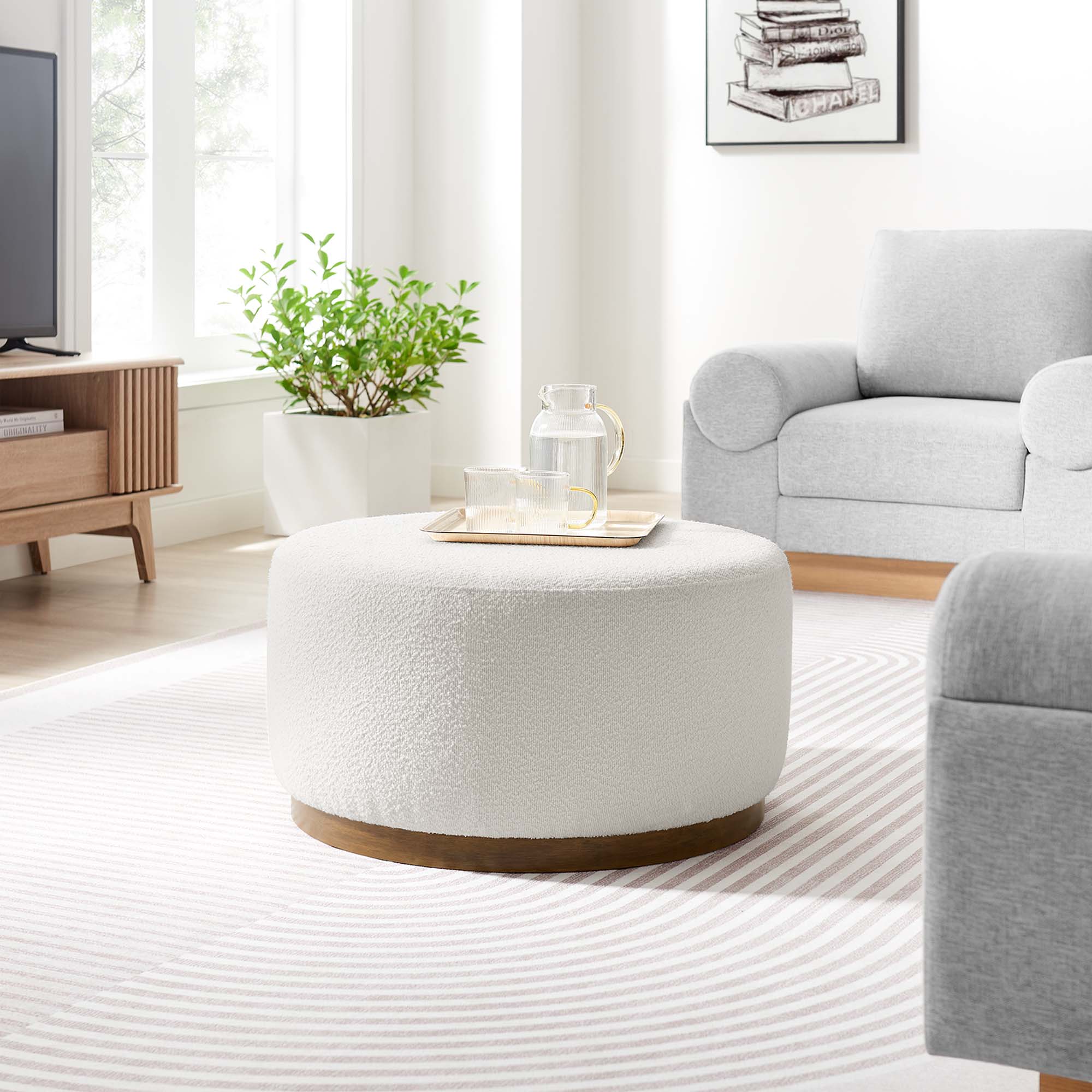 Tilden Large 29" Round Boucle Upholstered Ottoman - Image 6