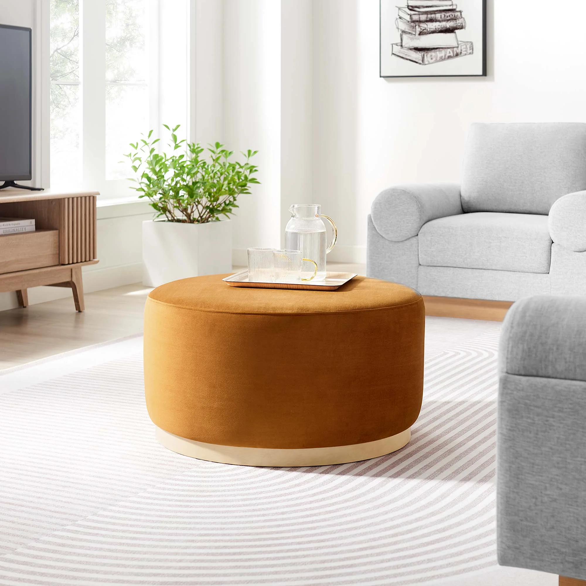 Tilden Large 29" Round Performance Velvet Upholstered Ottoman - Image 12