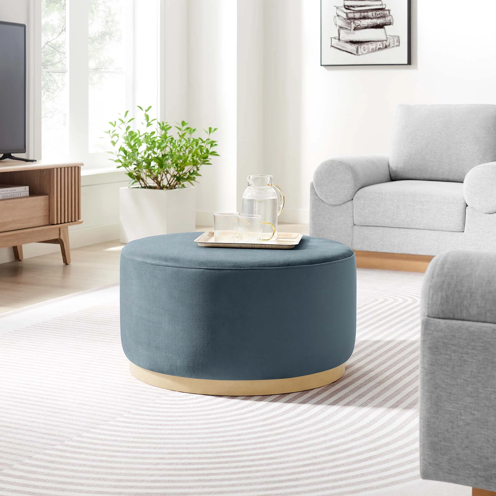 Tilden Large 29" Round Performance Velvet Upholstered Ottoman - Image 14