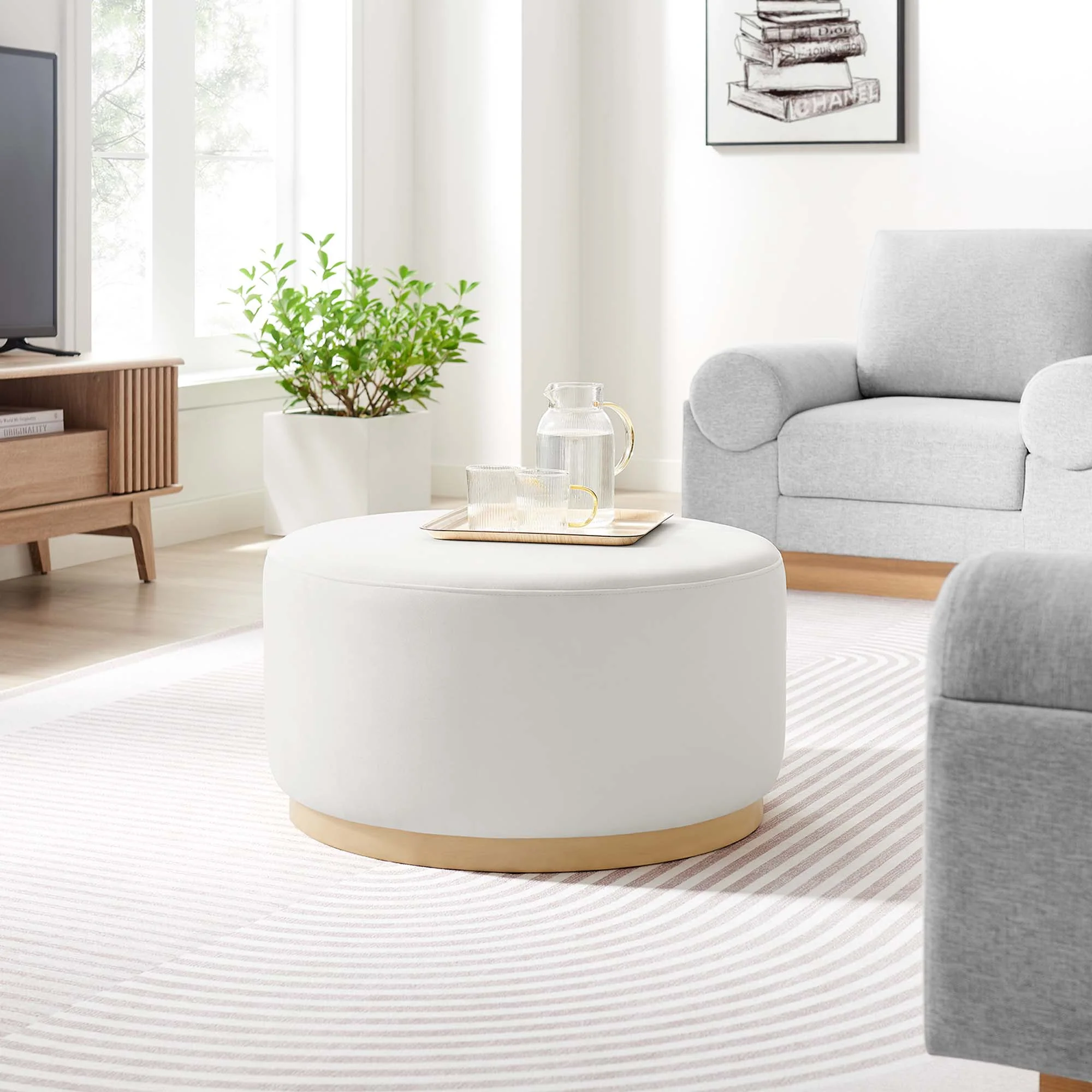Tilden Large 29" Round Performance Velvet Upholstered Ottoman - Image 15