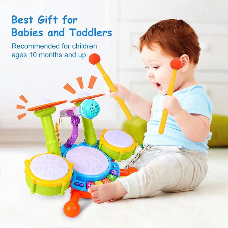 Toddler Drum Set with Microphone Kids Musical Toy 1-3 Years Lights - Image 2