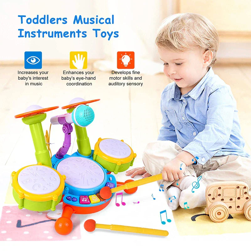 Toddler Drum Set with Microphone Kids Musical Toy 1-3 Years Lights - Image 3