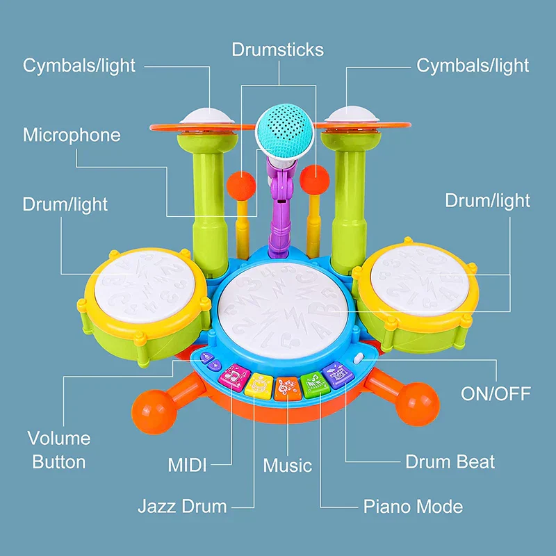 Toddler Drum Set with Microphone Kids Musical Toy 1-3 Years Lights - Image 5