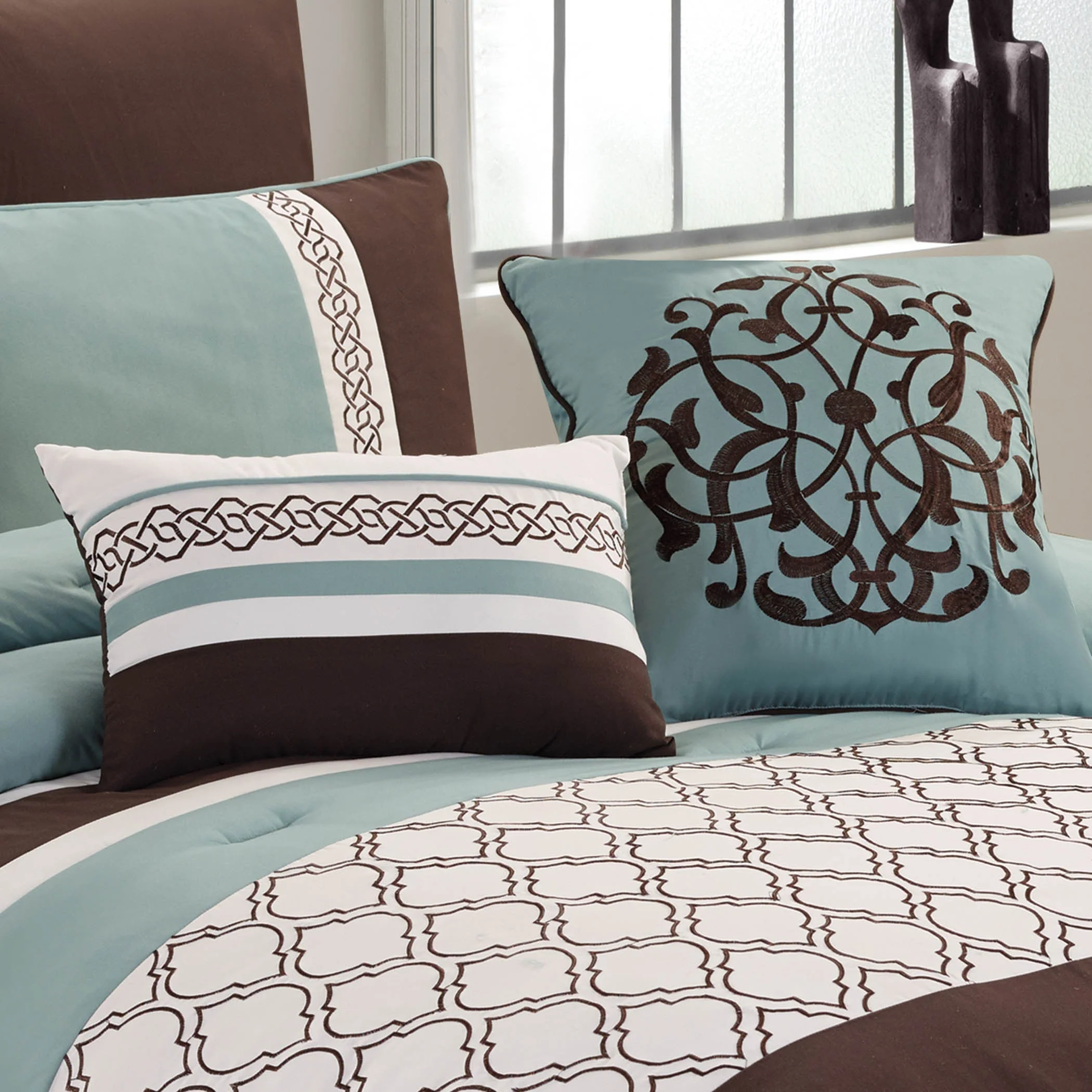 Tolbert 8 Pc Teal & Brown Geometric Embroidered Comforter Set - Image 2