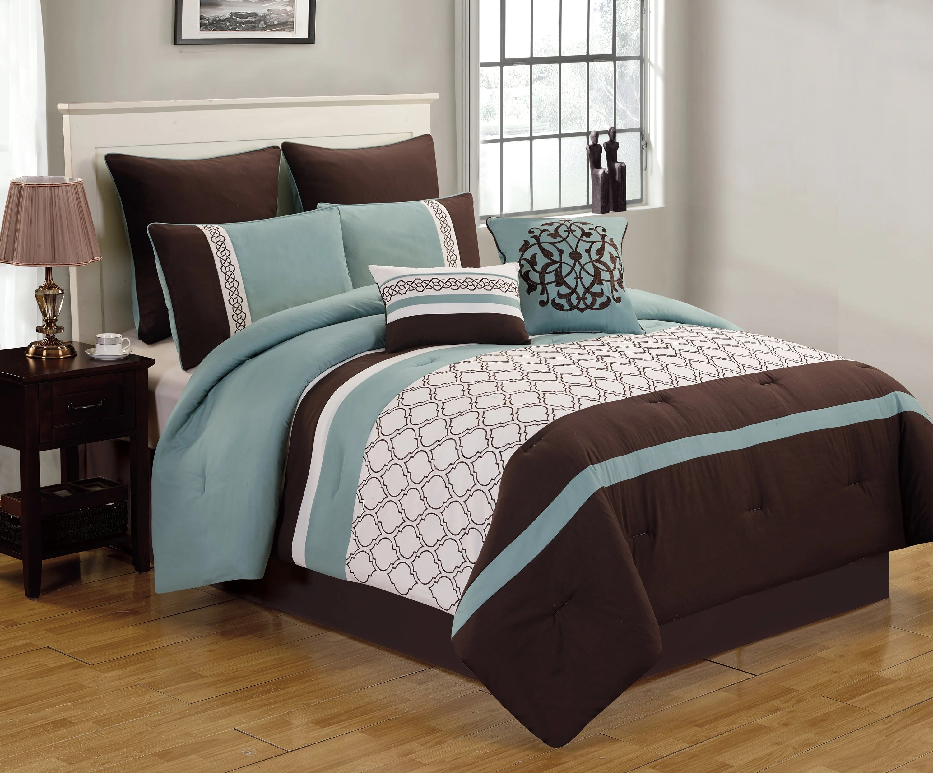 Tolbert 8 Pc Teal & Brown Geometric Embroidered Comforter Set - Image 6