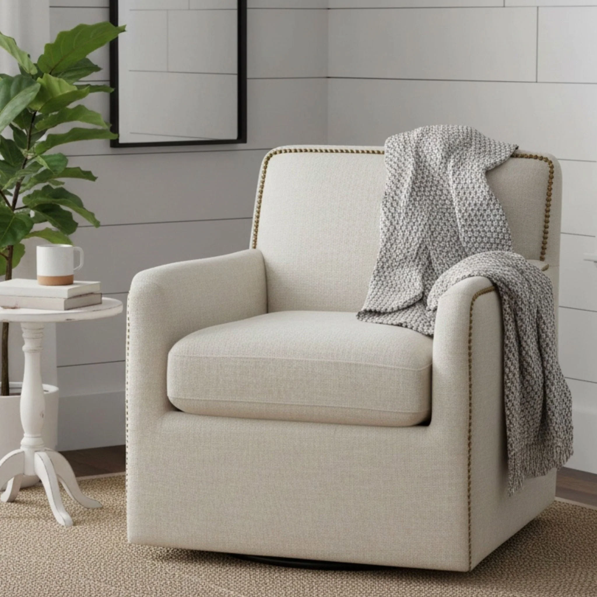 Tolland - Swivel Accent Chair With Antique Brass Nailhead Trim - Beige - Image 2