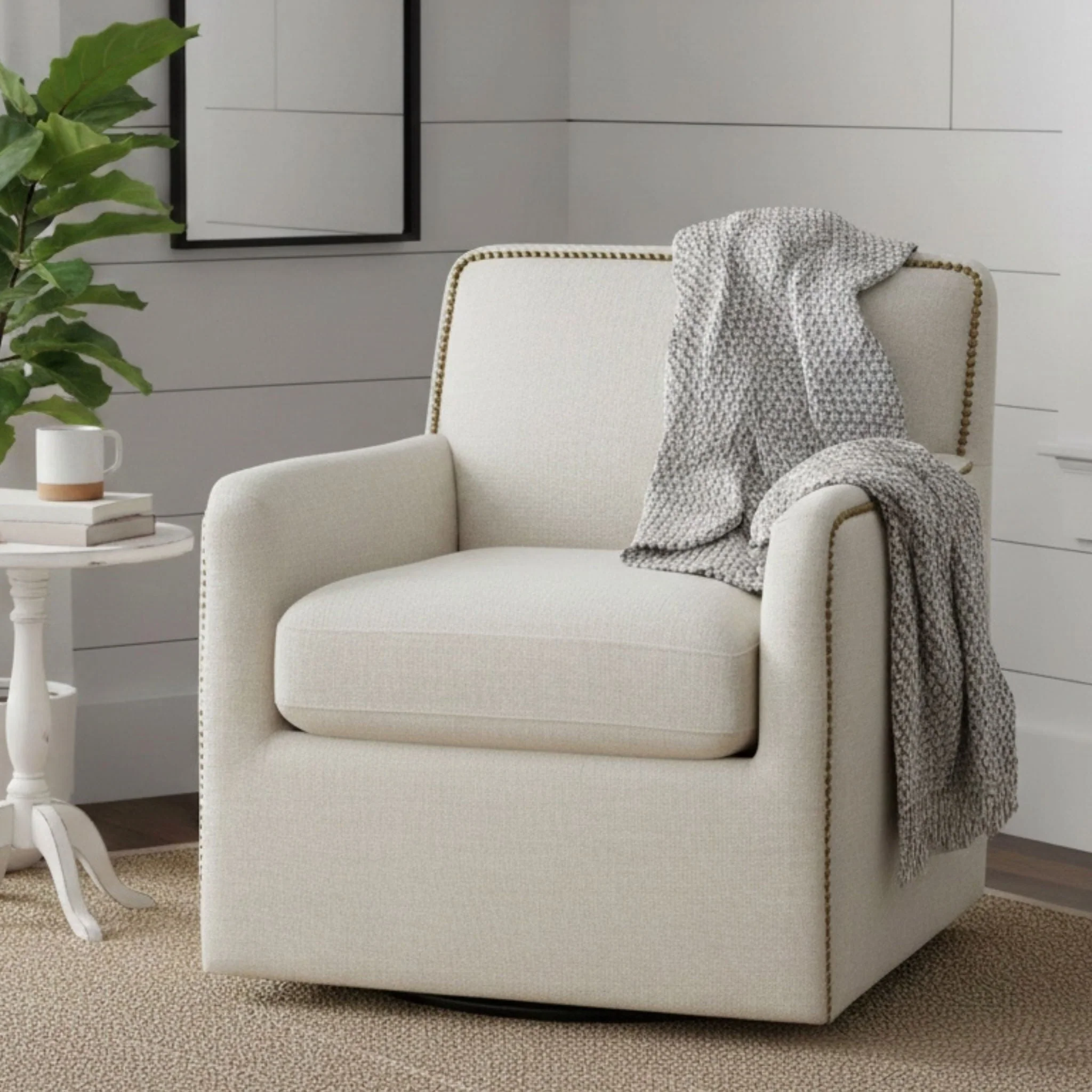 Tolland - Swivel Accent Chair With Antique Brass Nailhead Trim - Cream - Image 3