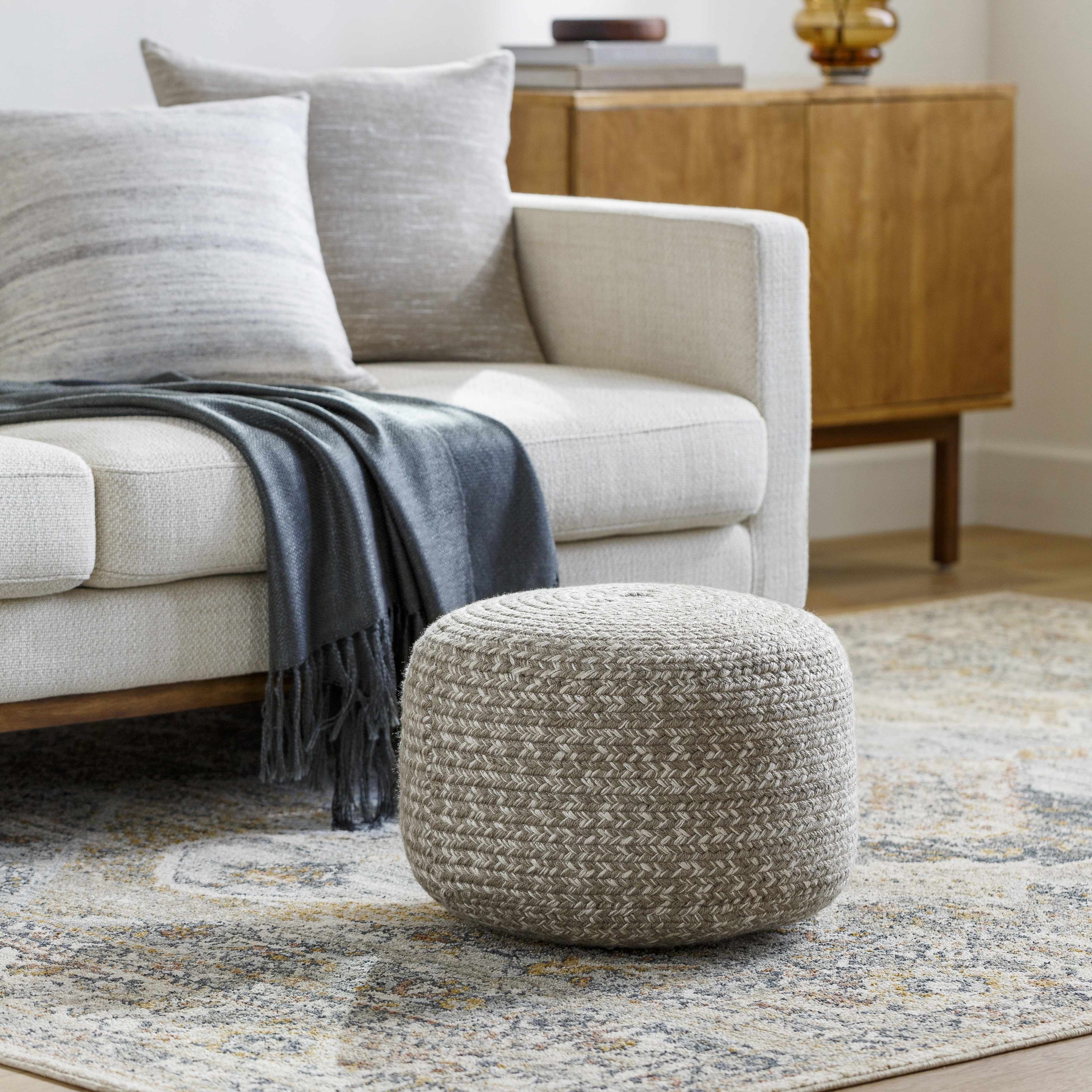 Tonanitla Natural Fiber Light Gray Knitted Pouf - Image 5